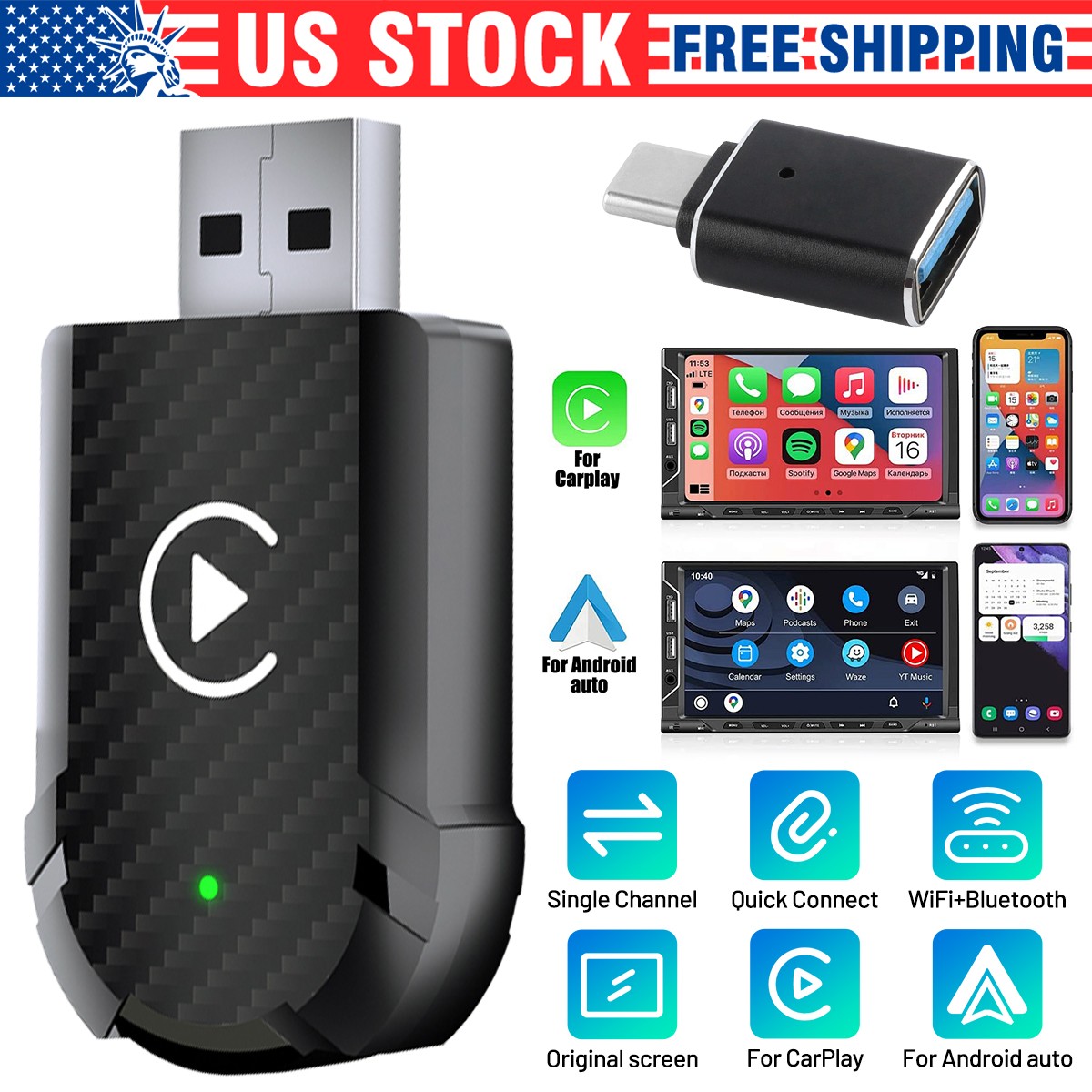 2in1 Mini Dongle for CarPlay & Android Auto Plug Play Bluetooth 5.0 Auto Connect