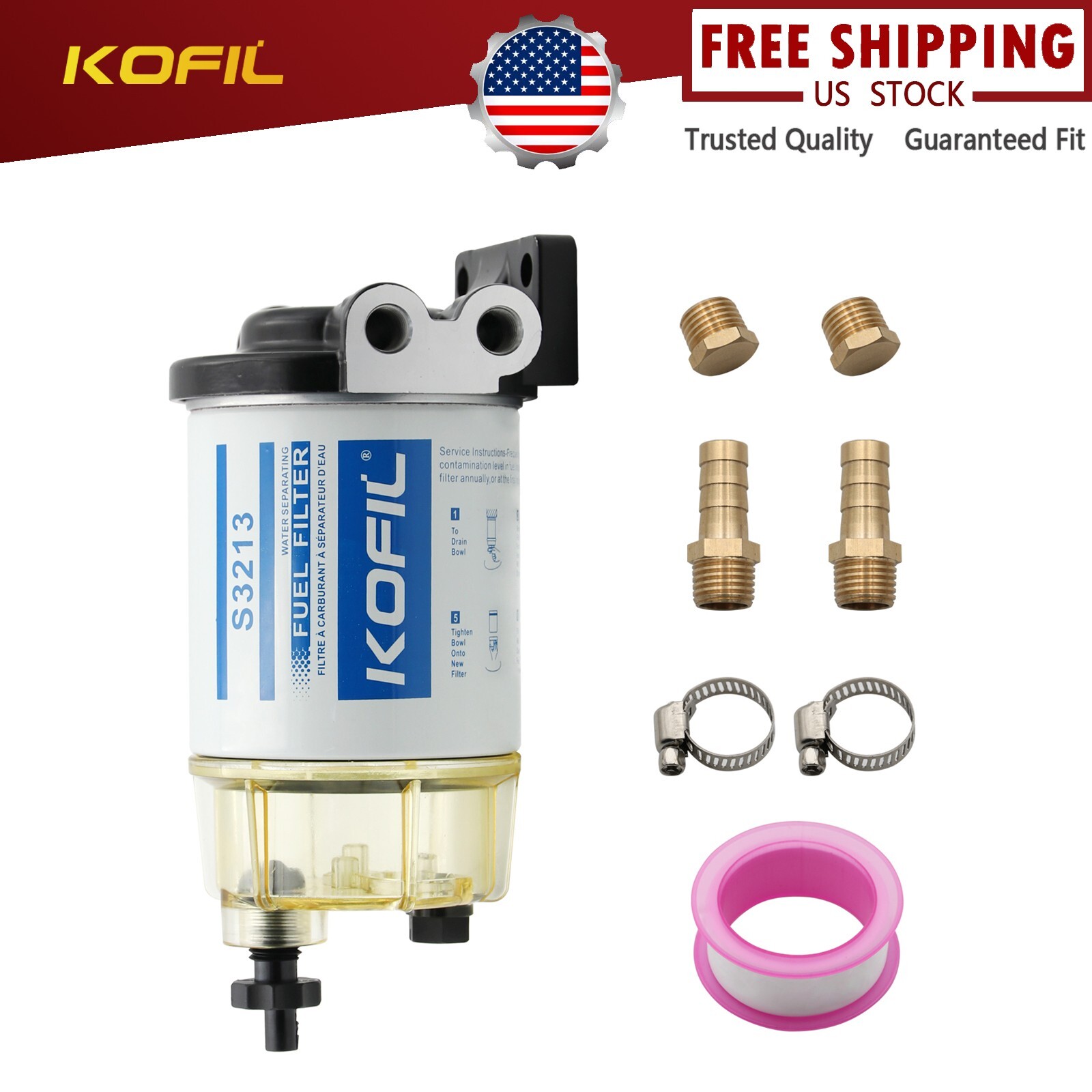 S3213 BOAT FUEL FILTER WATER SEPARATOR KIT CLEAR BOWL - MARINE/INBOARD/OUTBOARD