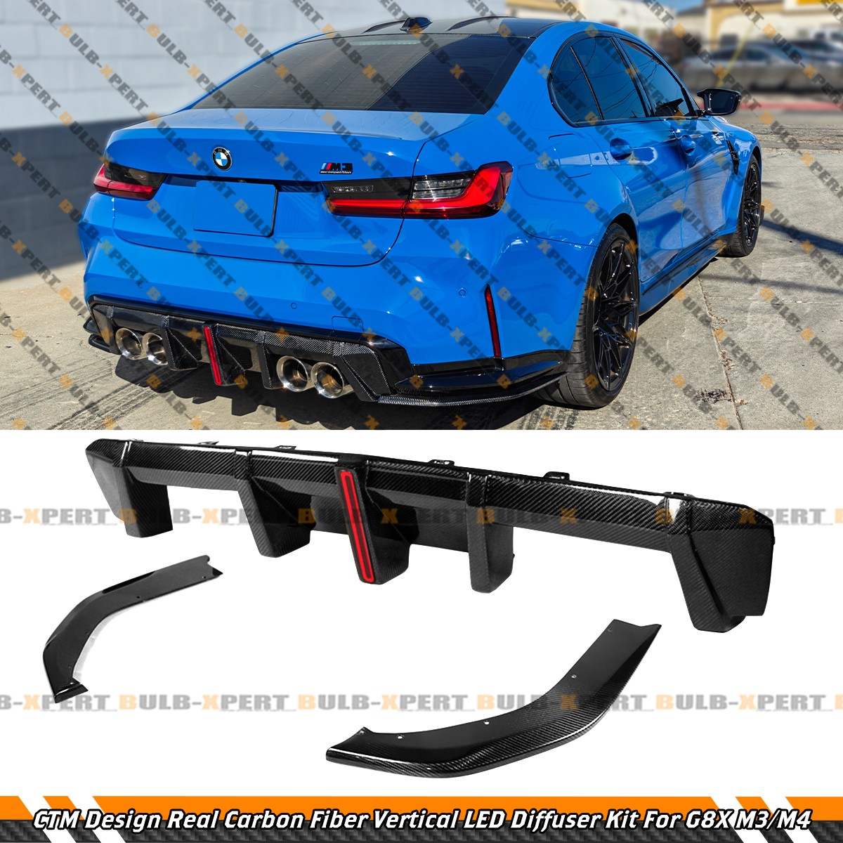 For 2021-2026 BMW G80 M3 G82 G83 M4 Carbon Fiber V2 LED Rear Bumper Diffuser Kit