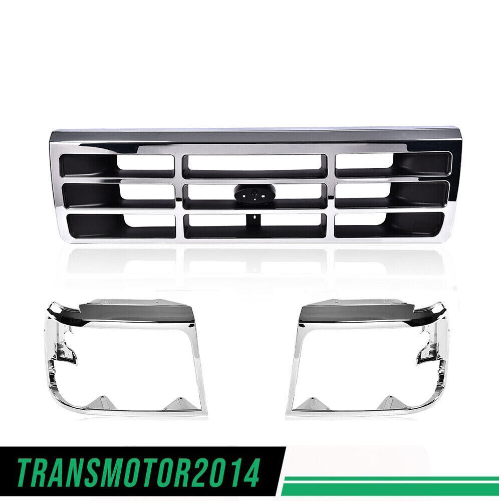 Fit For 1992 1993-1996 Ford F150 F250 Bronco Chrome Grille Headlight Door 3Pcs