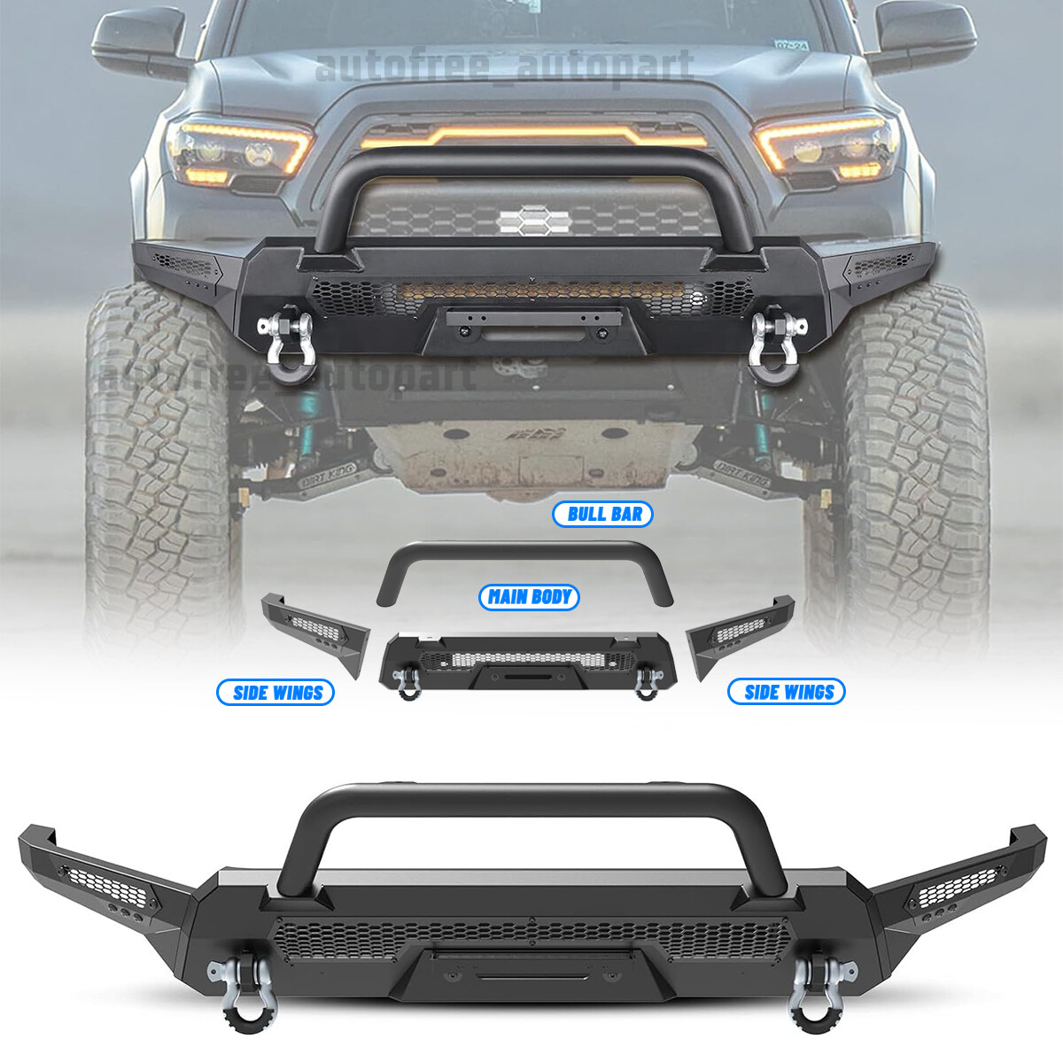 3 in1 For 2016-2023 Toyota Tacoma Black Steel Front Bumper W/2*D-Rings