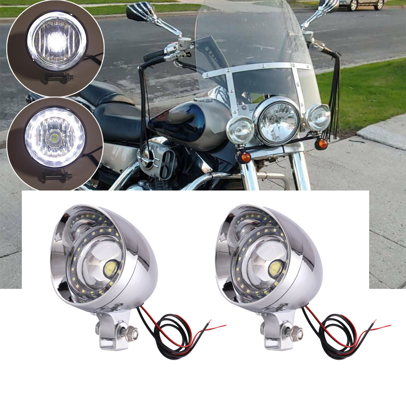 2x Motorcycle Headlight Auxiliary LED Head Driving Passing Fog Spot Light Lamp