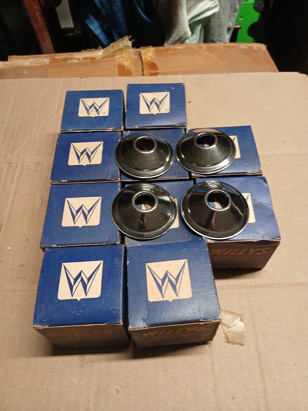 Lot Of 10 Boxes Of Vintage Willys Door 679729 Escutcheons NOS Each Box 4 Pieces Lot Of 10 Boxes Of Vintage Willys Door 679729 Escutcheons NOS Each Box 4 Pieces