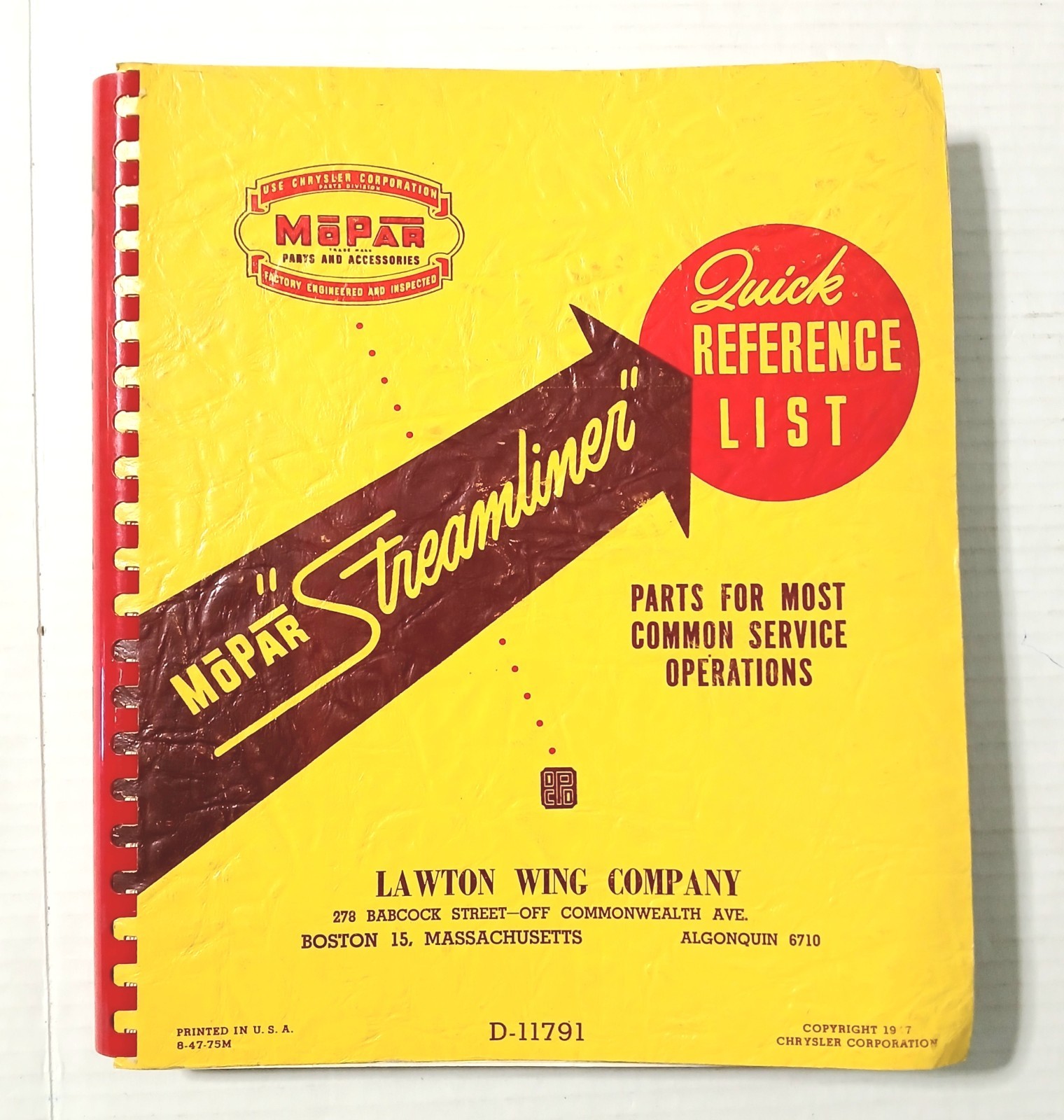 1947 Chrysler Mopar Streamliner Quick Reference List Book Parts Dealer Issue