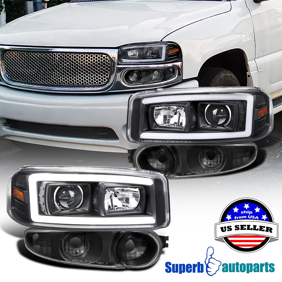 Fits 2000-2006 GMC Yukon Denali Black Projector Headlights LED Strip+Bumper Lamp