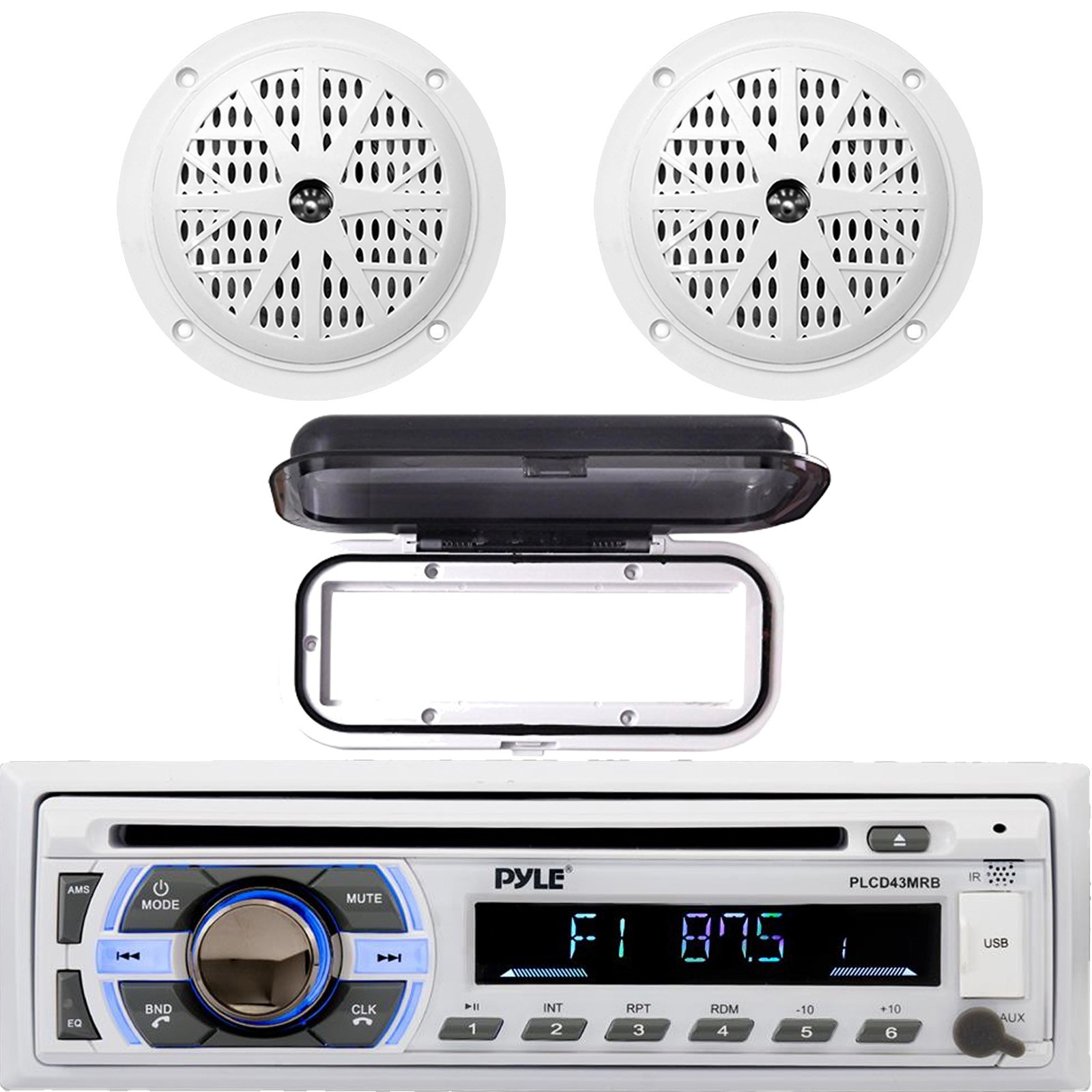 Pyle PLCD43MRB Single DIN Marine Headunit Receiver w/Cover, 2x 4\'\' 100W Speakers