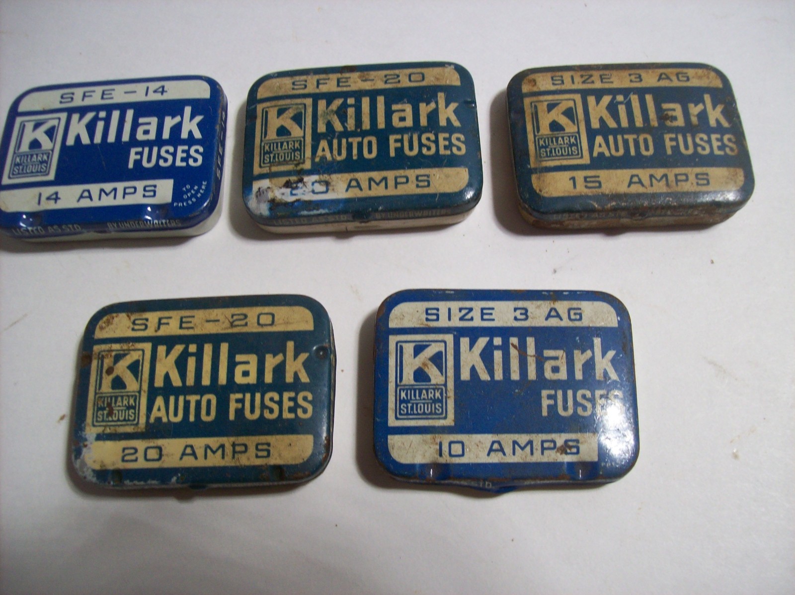 Lot of 5 Vintage KILLARK AUTO FUSES, TIN CONTAINERS