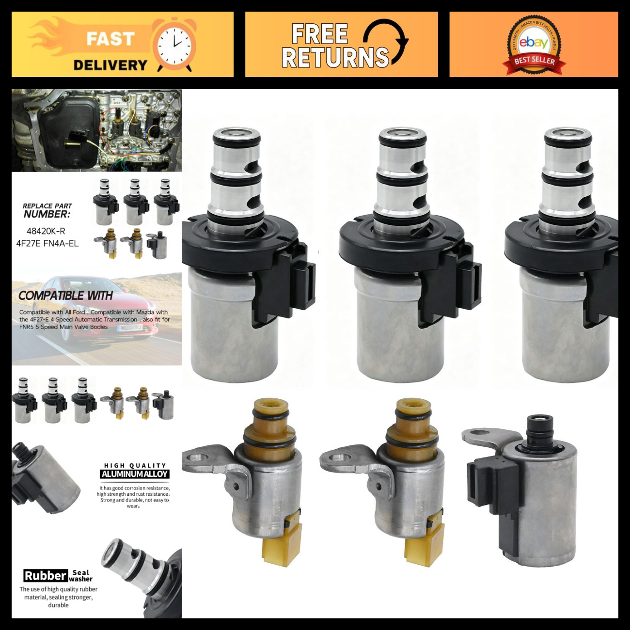 6Pcs Transmission Shift Solenoid Kit EPC PWM Replacement for Ford Mazda 48420K-R