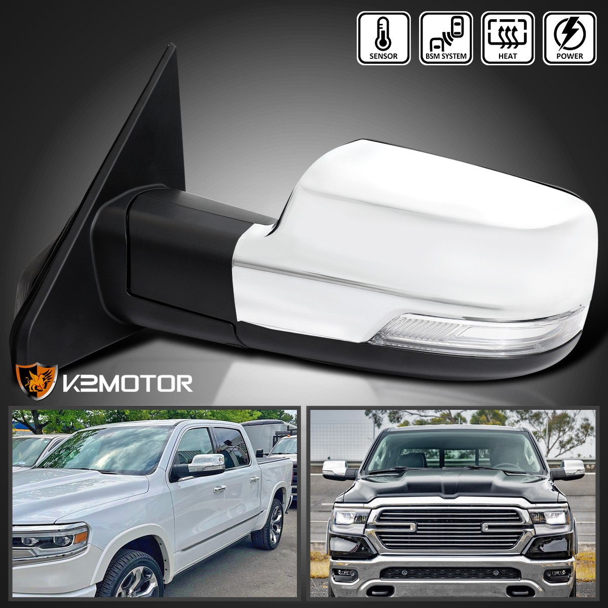 Left Side Fits 2019-2024 Dodge Ram 1500 Chrome Power Heated Mirror+LED Signal