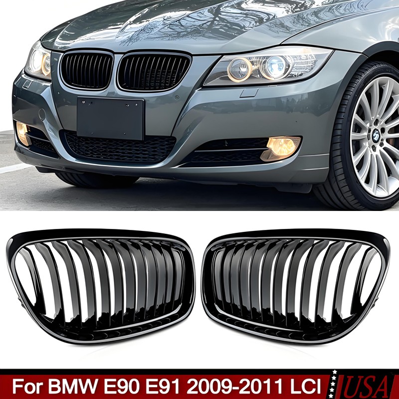 Pair Gloss Black Front Kidney Grille Grill For BMW E90 E91 328i 335i 2009-11 LCI