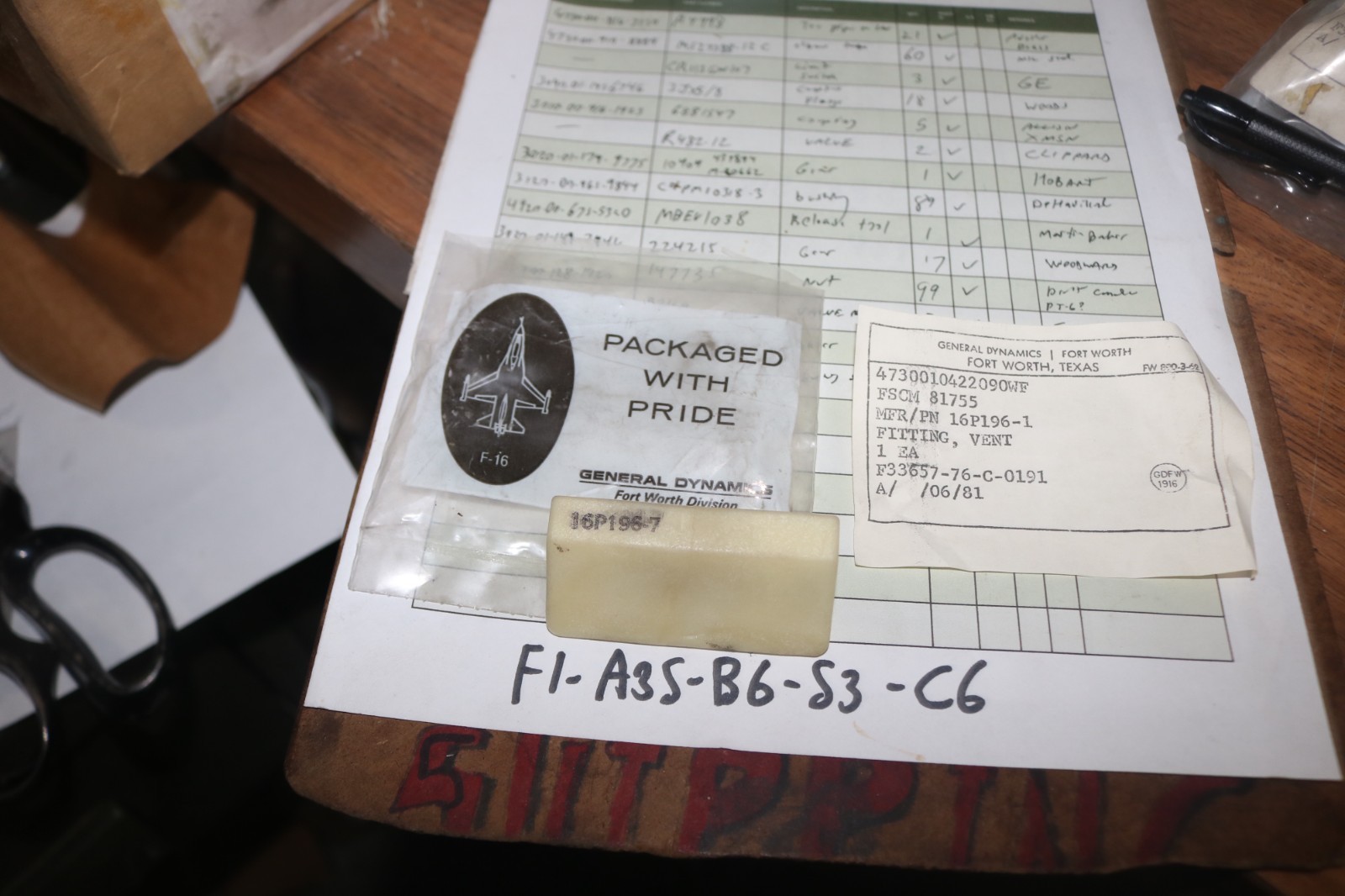NOS F-16 vent fitting PN 16P196-1 4730-01-042-2090