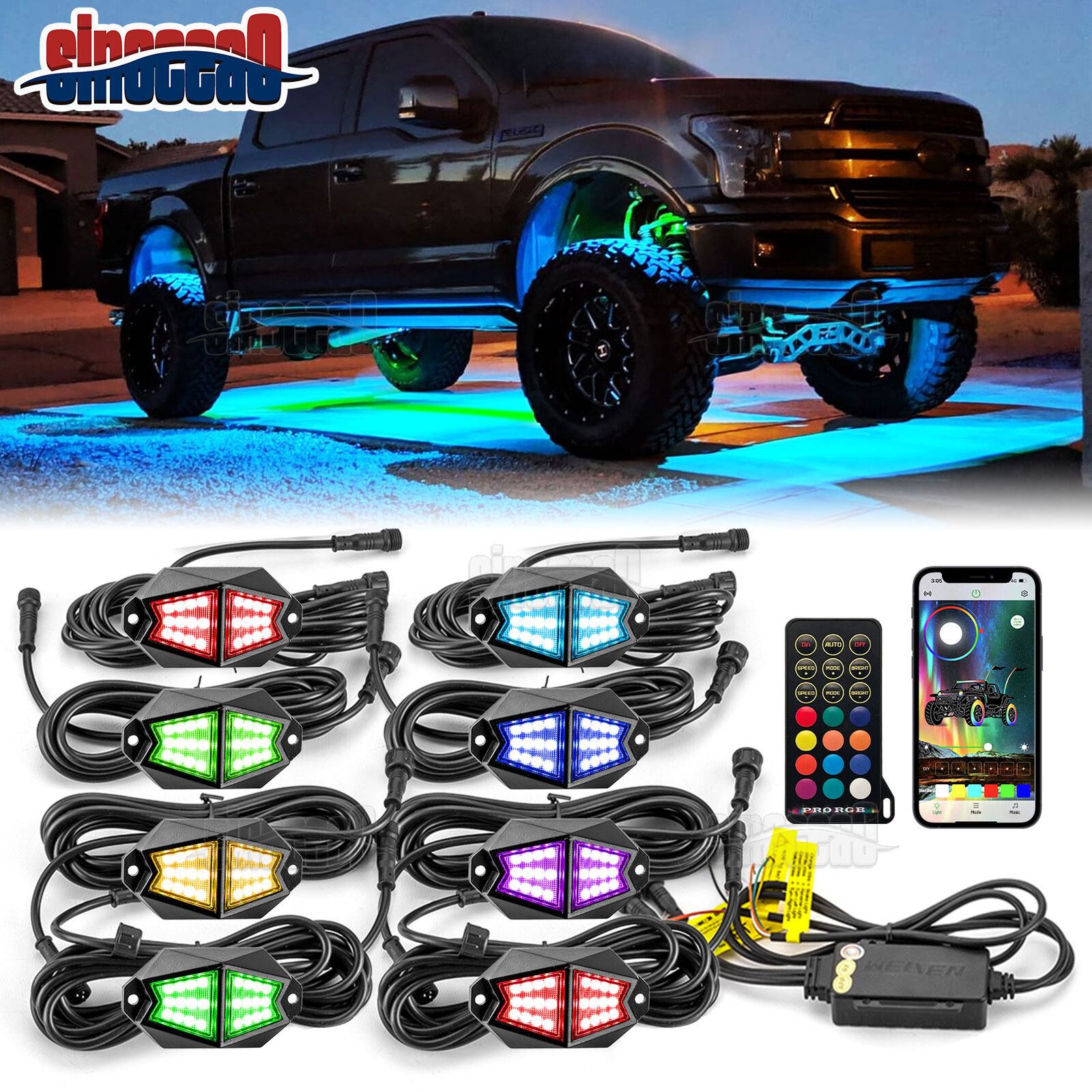 8x Wide Angle RGB Underglow Rock Lights APP DIY Chasing For Toyota Tacoma Tundra