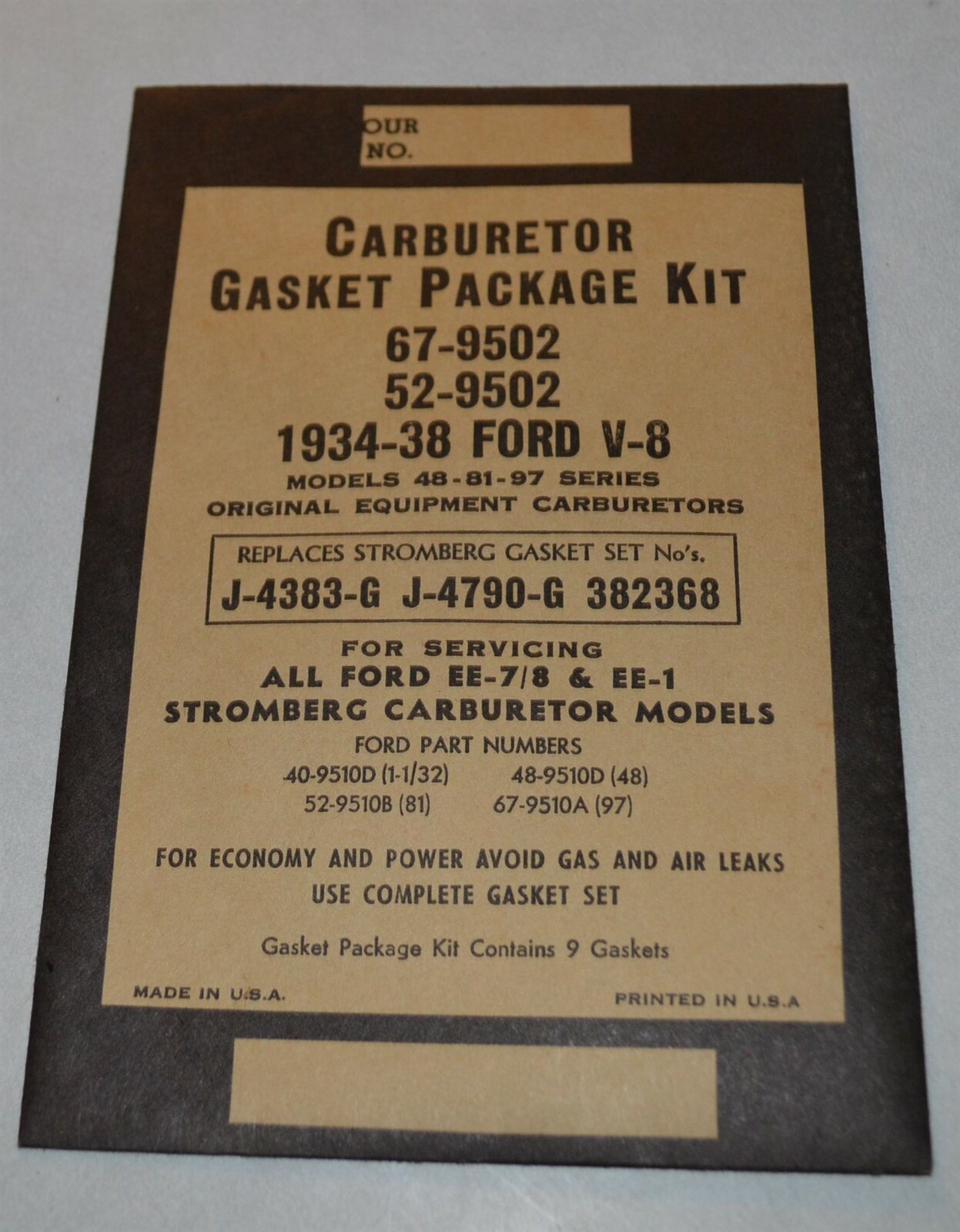 Vintage NOS Carburetor Gasket Package Kit 1934-1938 Ford V-8 Models 48-81-97 Vintage NOS Carburetor Gasket Package Kit 1934-1938 Ford V-8 Models 48-81-97