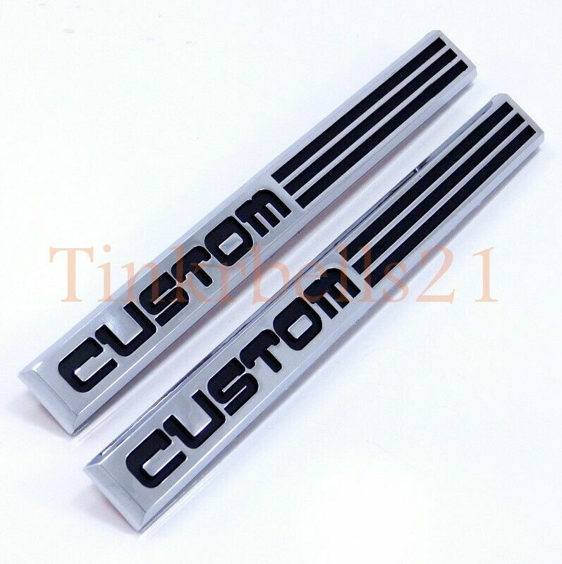 87-91 Ford CUSTOM 2pc Fender Emblem Nameplate Badge Side E7TB-16188-LA Logo Set