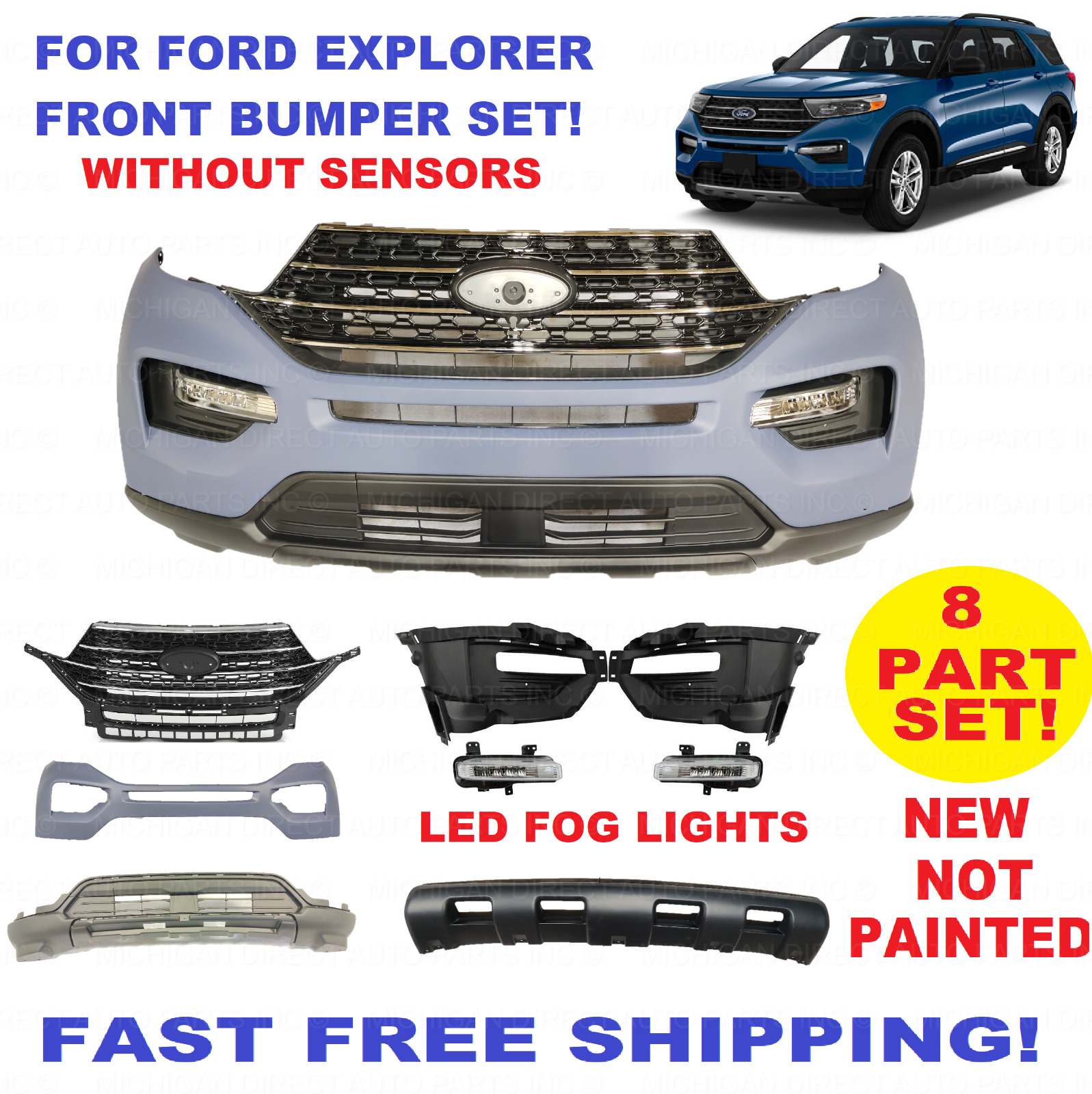 FOR FORD EXPLORER FRONT BUMPER ASSEMBLY WITH LED FOG LIGHTS GRILL SKID PLATE
