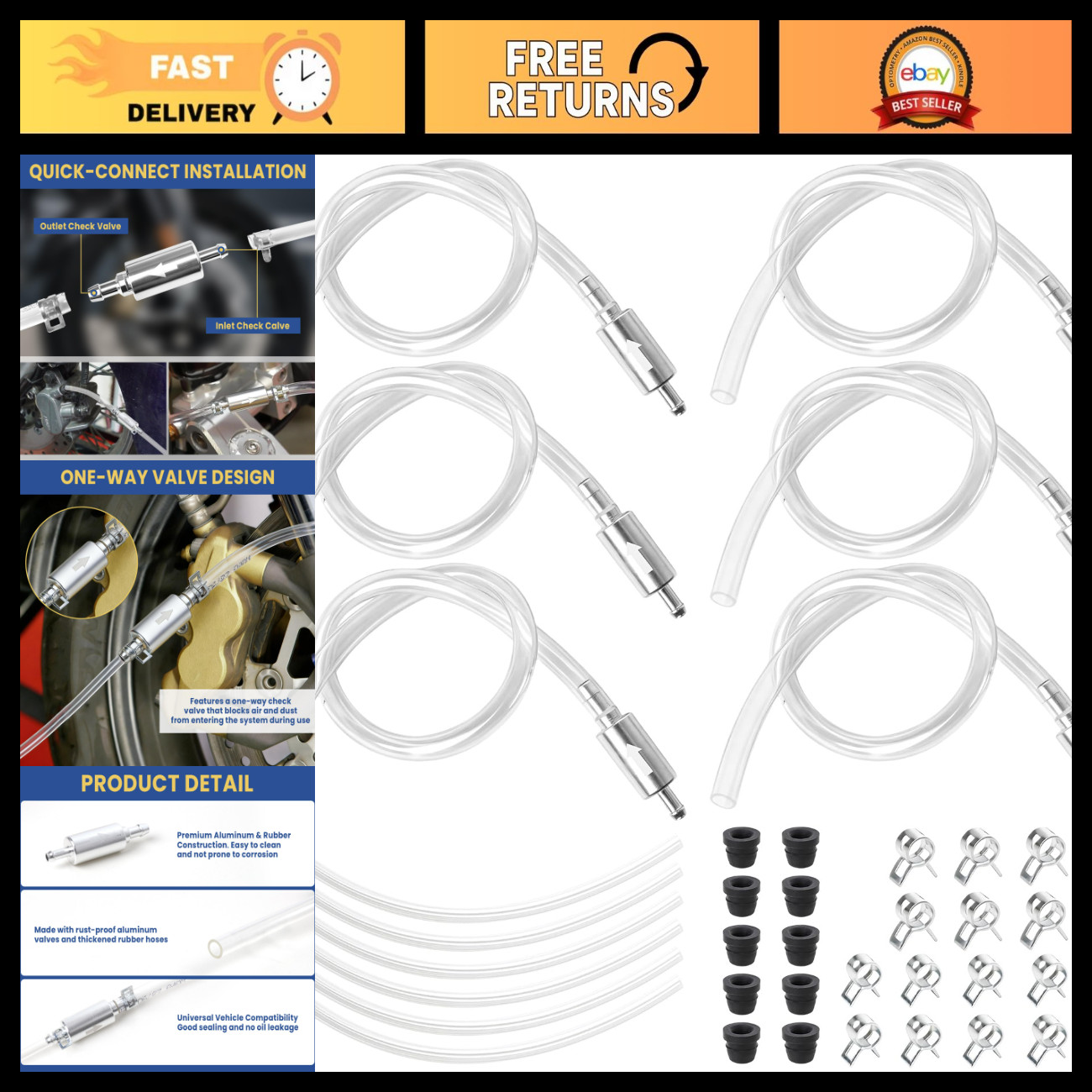 4-Pack Brake Bleeder Hose Kit with One-Way Check Valves for Easy Fluid Change