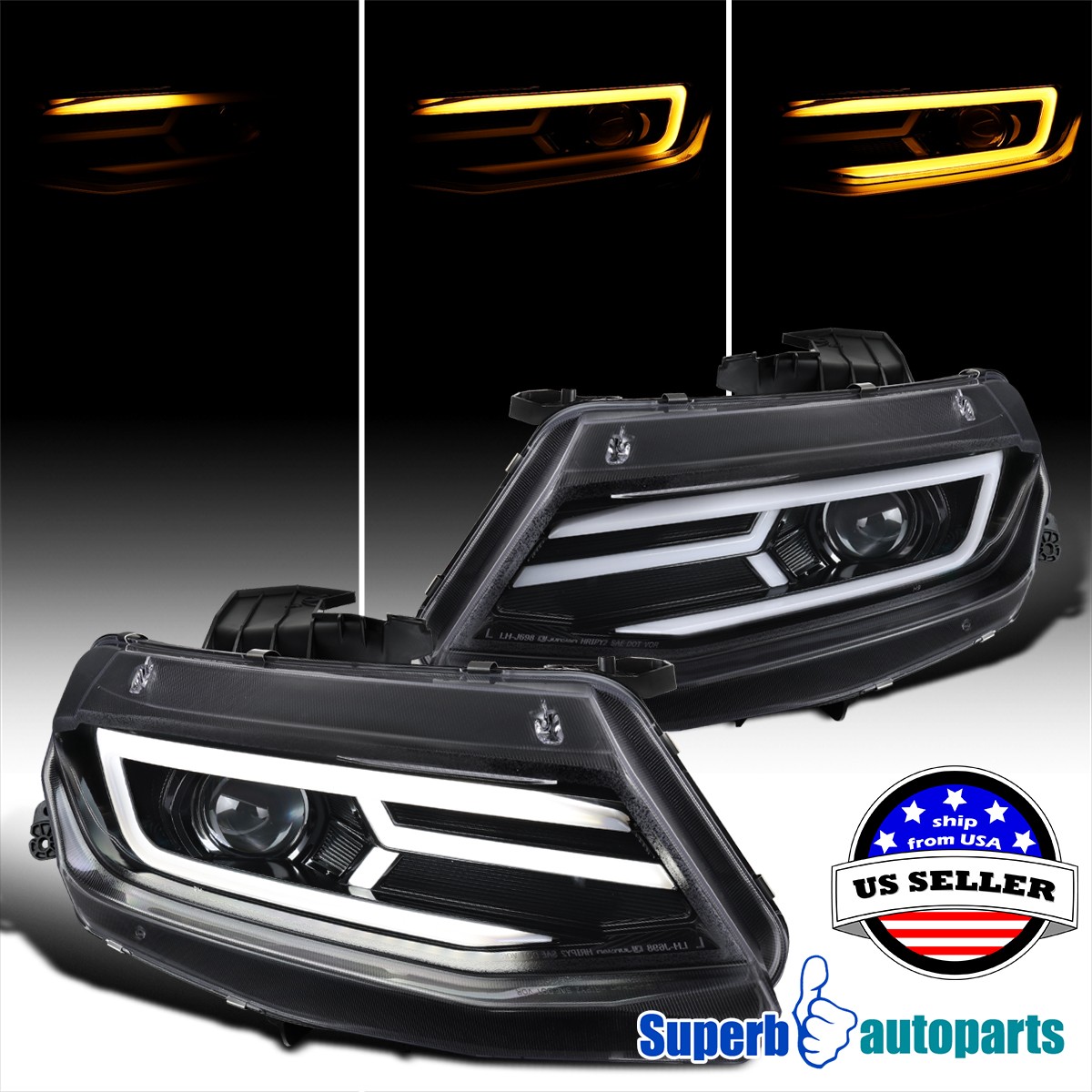 For 2016-2018 Chevy Camaro LED DRL Black Projector Headlights+Sequential Pair