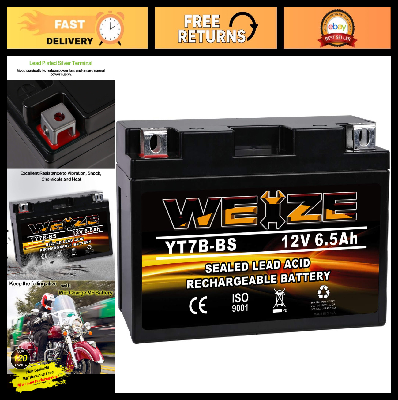 High-Performance Sealed AGM Motorcycle Battery YT7B-BS - Maintenance Free, Fits