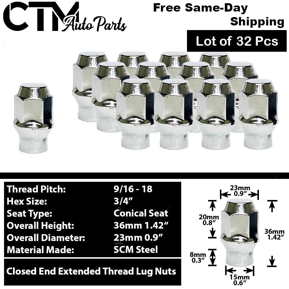 32Pc CHROME 9/16-18 EXTENDED THREAD ET STYLE LUG FIT RAM2500/3500 F250/F350&MORE