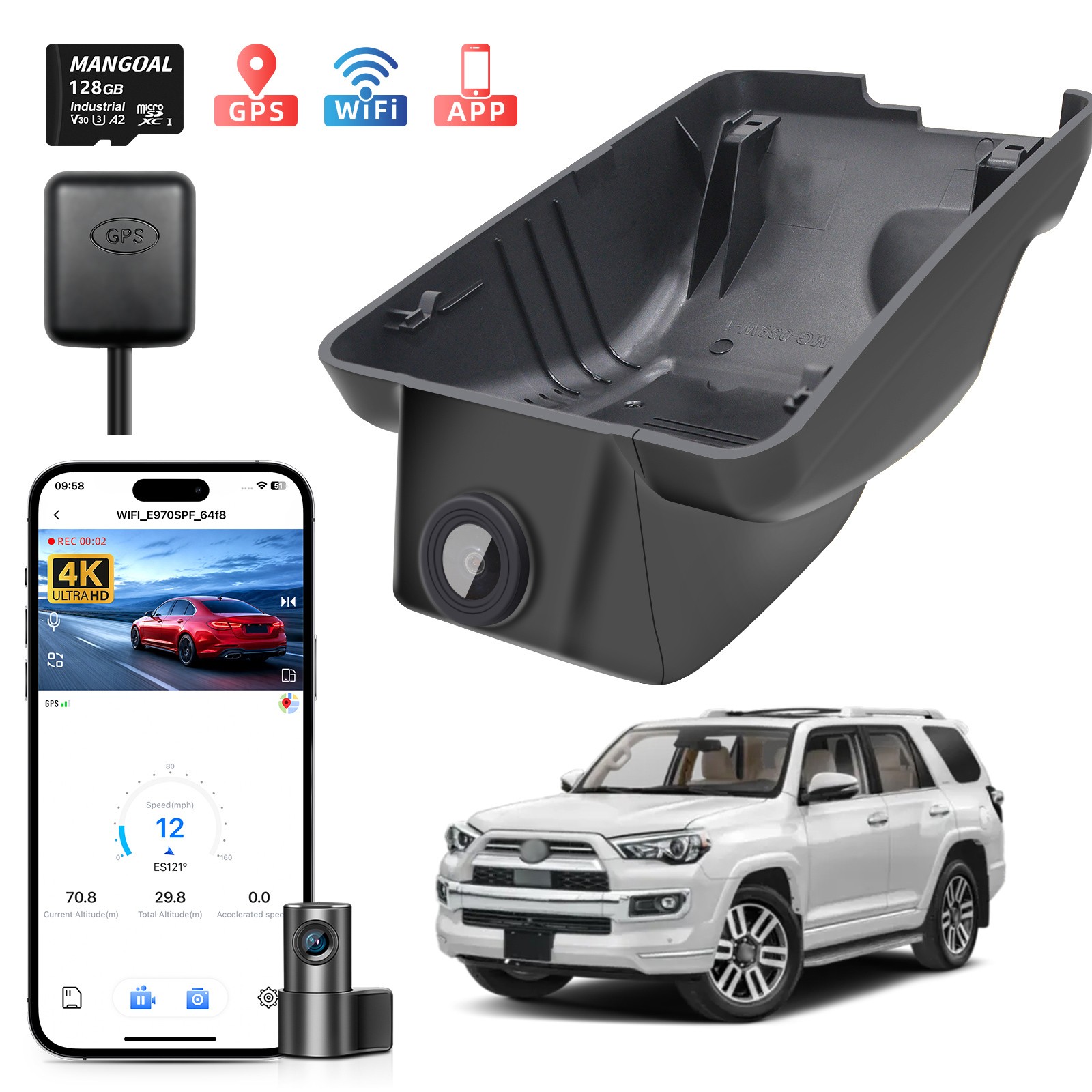 Mangoal 4K & Rear 1080P Dash Cam for Toyota 4Runner 2020-2024 OEM Look GPS 128GB