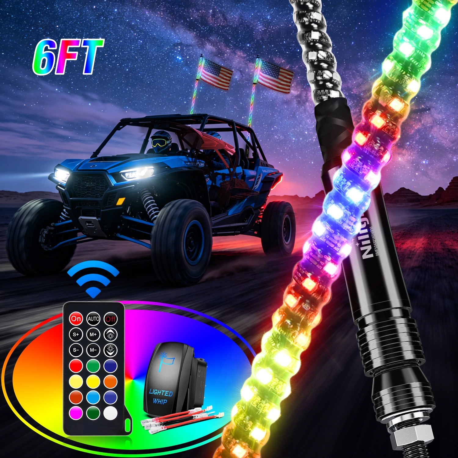 Nilight 2PCS 3FT Spiral RGB Led Whip Light w/RGB Chasing/Dancing Light