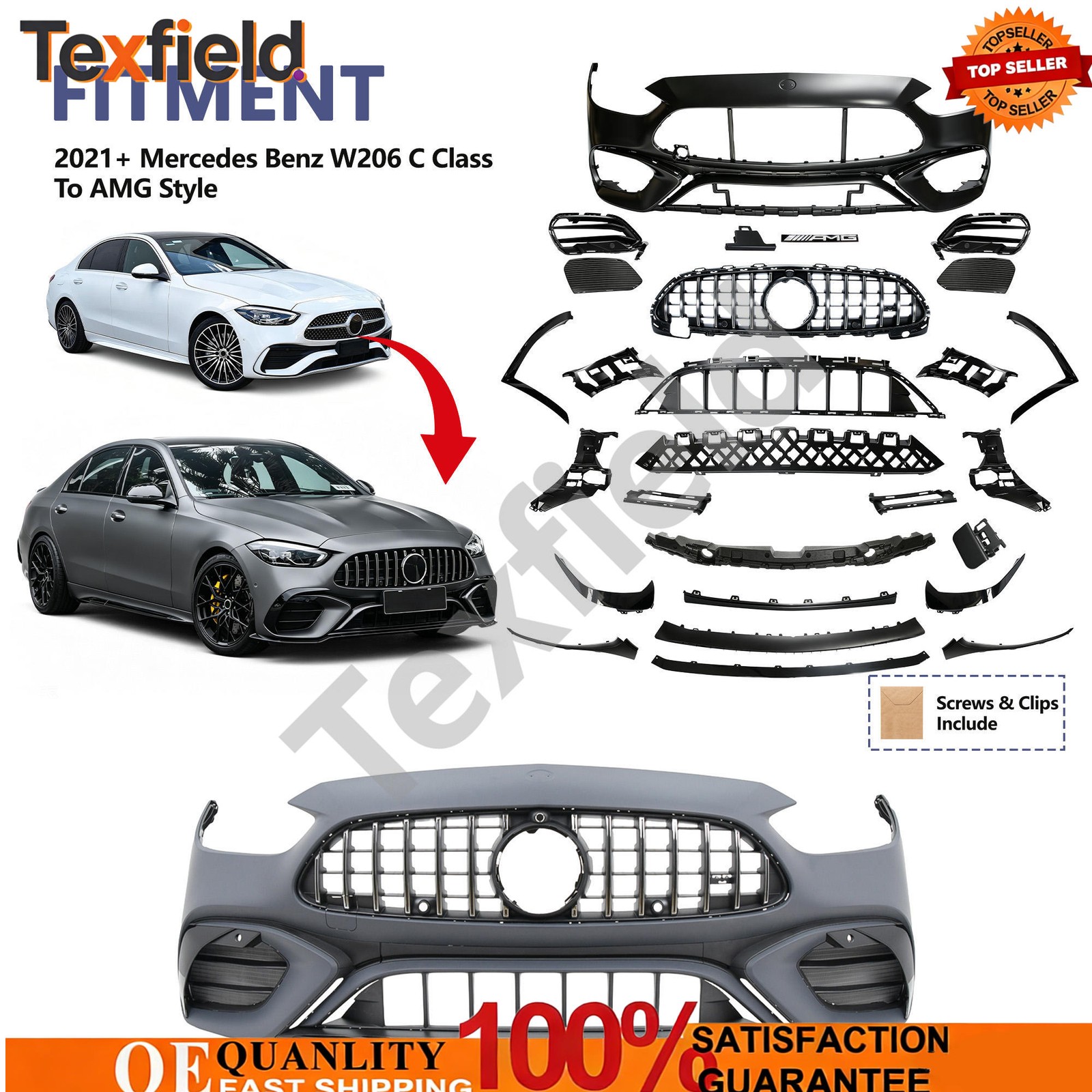 Fits For Mercedes Benz W206 C Class To AMG Style 2021+ Complete Bumper Cover