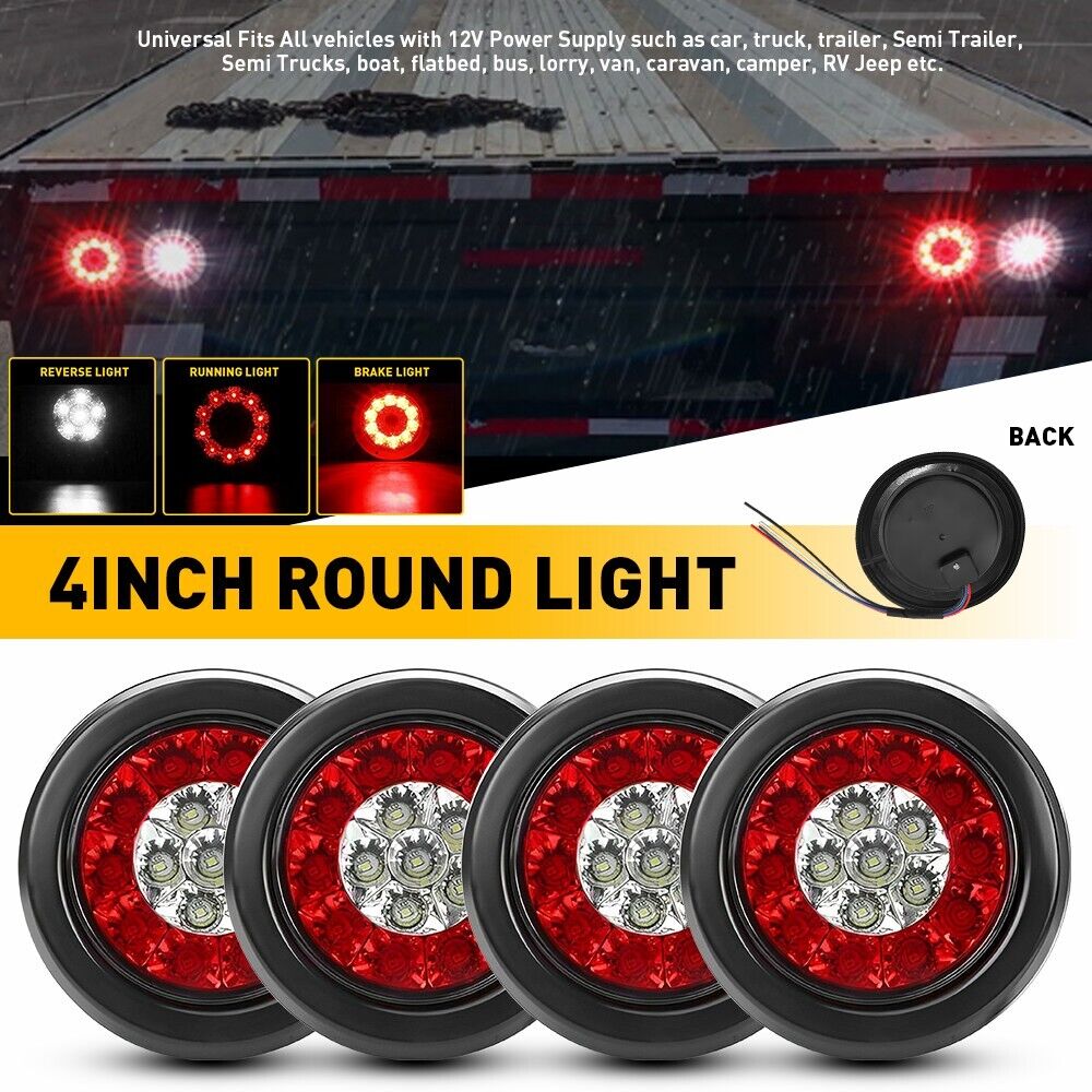 4x Red/White 4inch Round 16 LED Truck Trailer Brake Stop Turn Signal Tail Lights