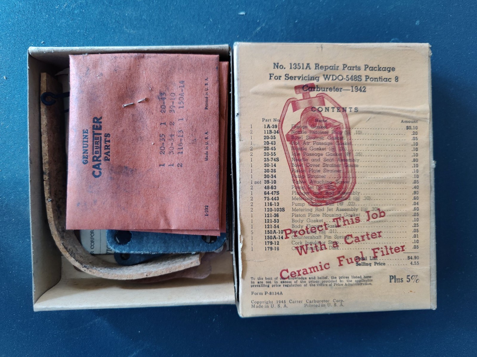 NOS Carter 1351A 2BBL WDO-548S Carburetor Repair Kit for 1942-46 Pontiac 8 cyl NOS Carter 1351A 2BBL WDO-548S Carburetor Repair Kit for 1942-46 Pontiac 8 cyl