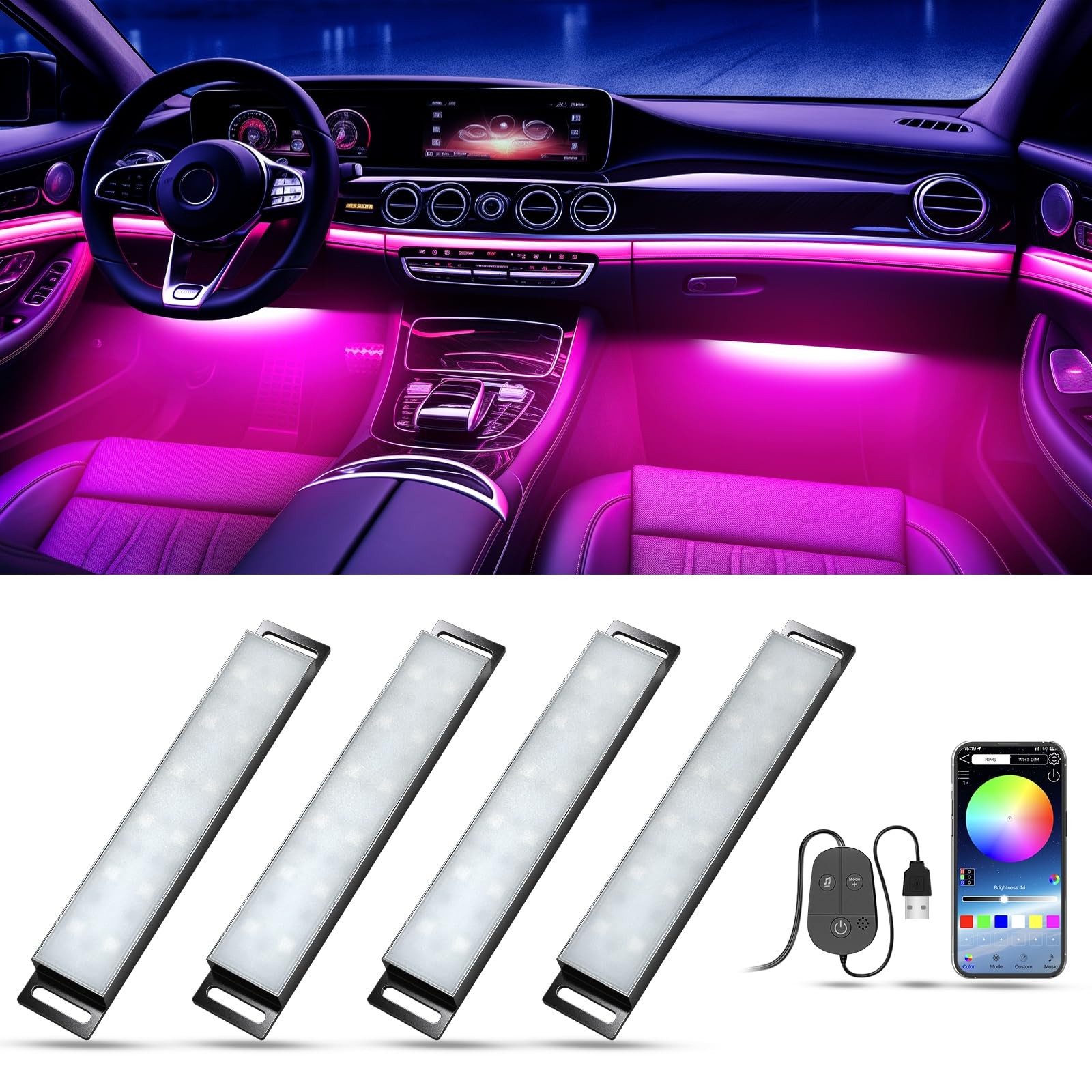 Honalia Car LED Lights Interior, RGB APP+ Box Control, 4-Lines USB Port 