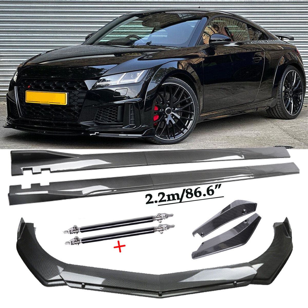 For Audi TTS Quattro Coupe Carbon Fiber Front Bumper Lip Chin Spoiler Body Side
