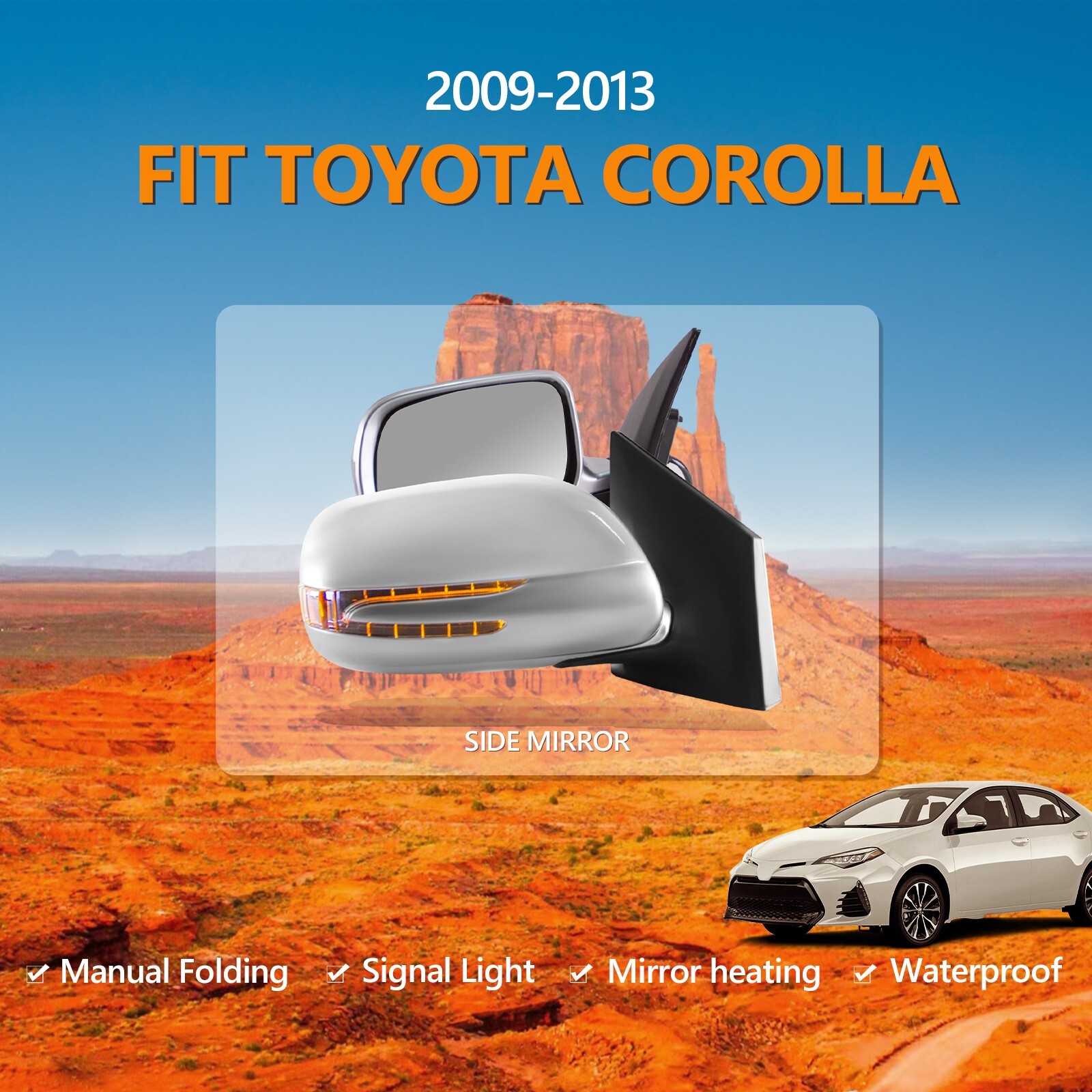 For 2009-2013 Toyota Corolla Side View Mirrors Silver Folding Pair LED 5 Pins