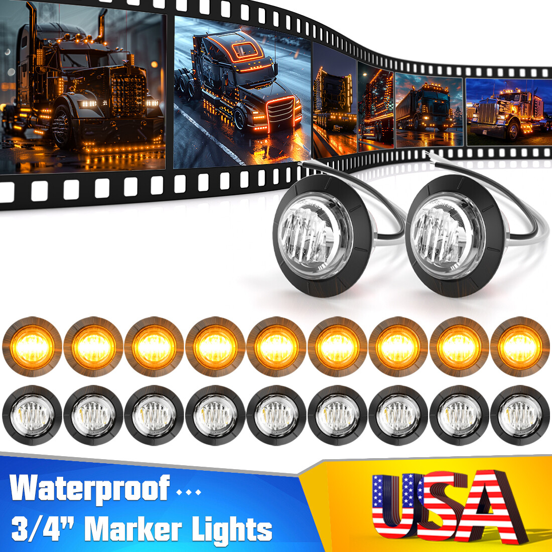 20x Amber Clear LED Marker Lights Truck Trailer Round 3/4\