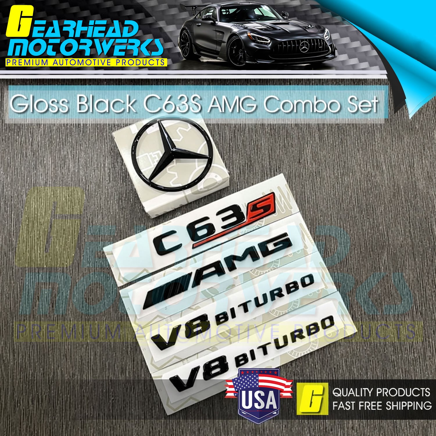 C63S AMG V8 BITURBO Gloss Black Emblem Set Rear Star Badge W205 Sedan For Benz
