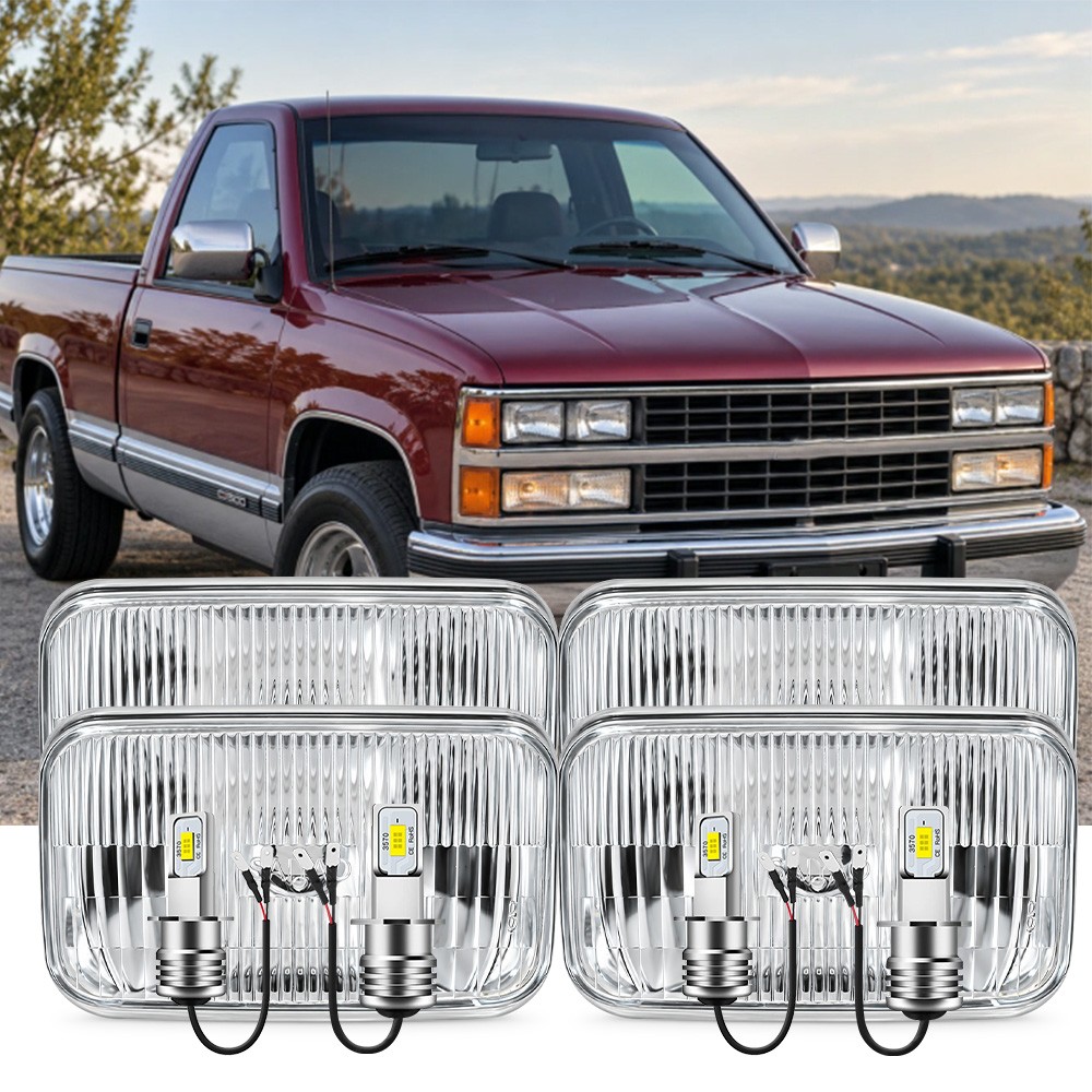 4PCS GLASS LED Headlights For 1988-1991 Chevy C1500 H4701 H4703 High Low Beam