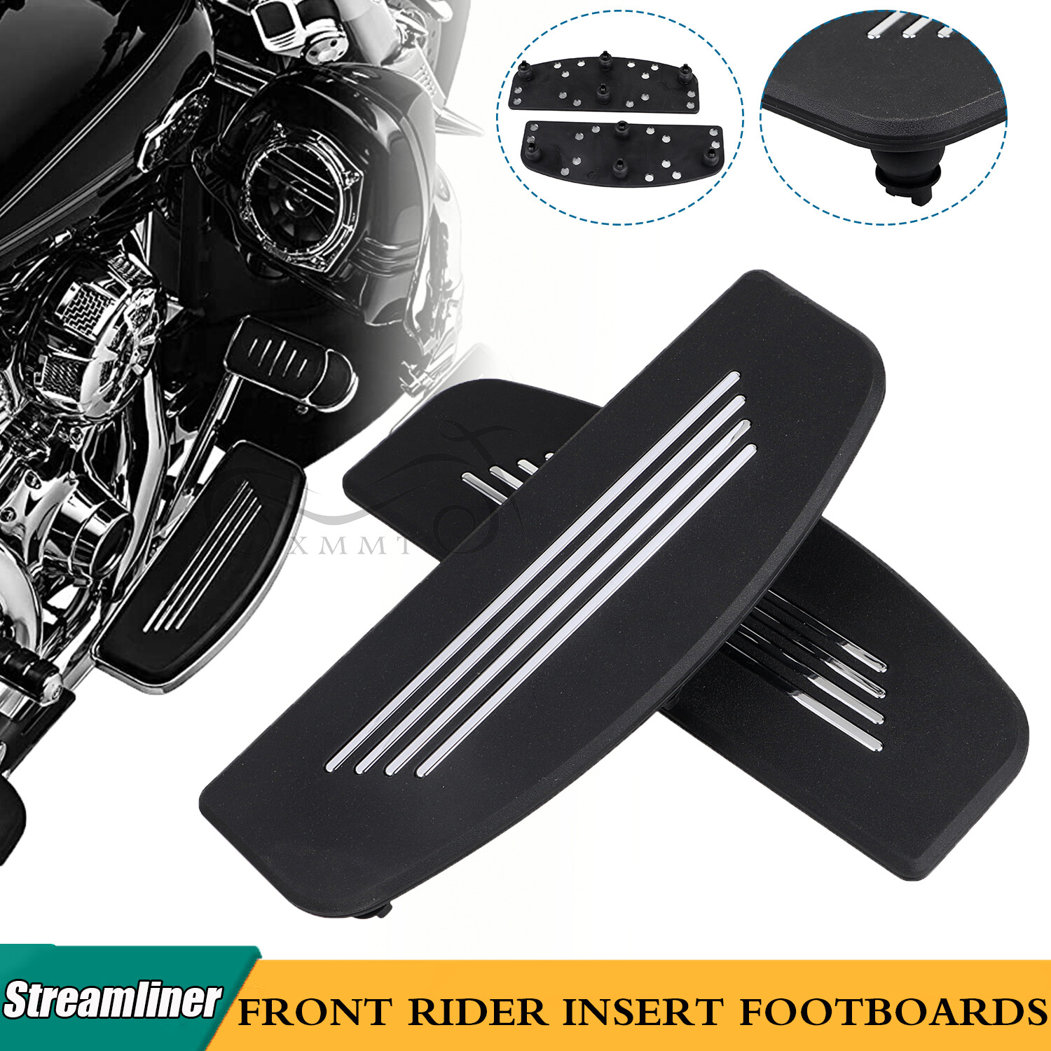 Black Streamliner Front Rider Insert Floorboards For Harley Road King Glide FLHR