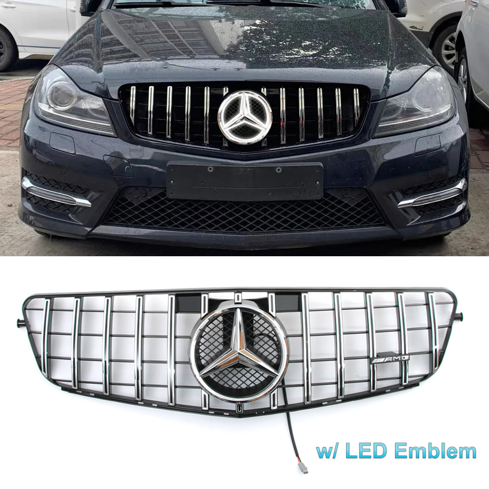 Chrome  Grille Grill W/LED Emblem For Mercedes Benz W204 C300 C350 2008-2014