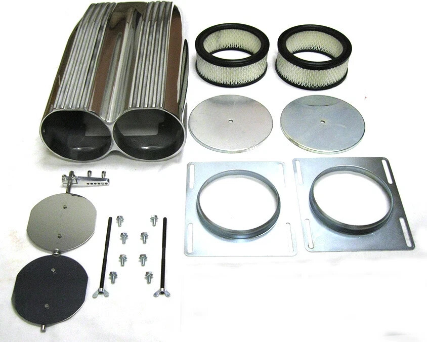 Polished Aluminum Finned Street Rod Shotgun Intake Hood Scoop Carb w/ Filter