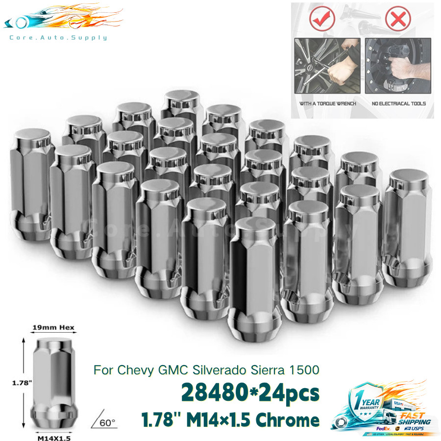 24 CHROME BULGE ACORN LUG NUTS 14X1.5 1.78\'\' FOR CHEVY GMC SILVERADO SIERRA 1500