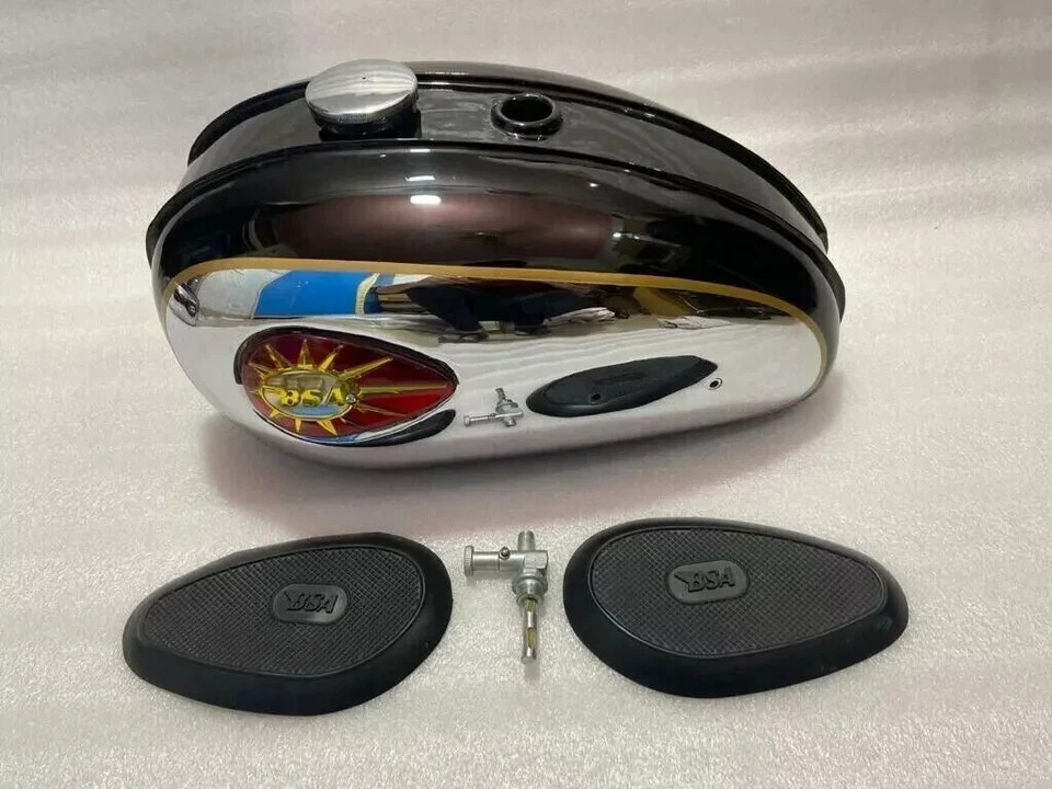 BSA C15 Chromed & Black Painted Steel Petrol Tank +Badges + Kneepad +Tap+Cap