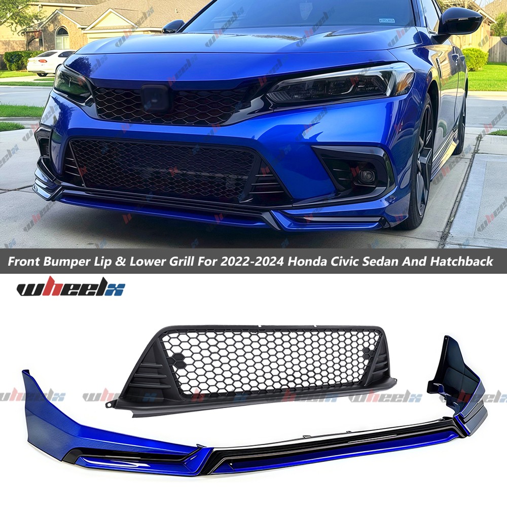 FOR 22-24 HONDA CIVIC AEGEAN BLUE FRONT BUMPER LIP + MATTE BLK PERFORMANCE GRILL