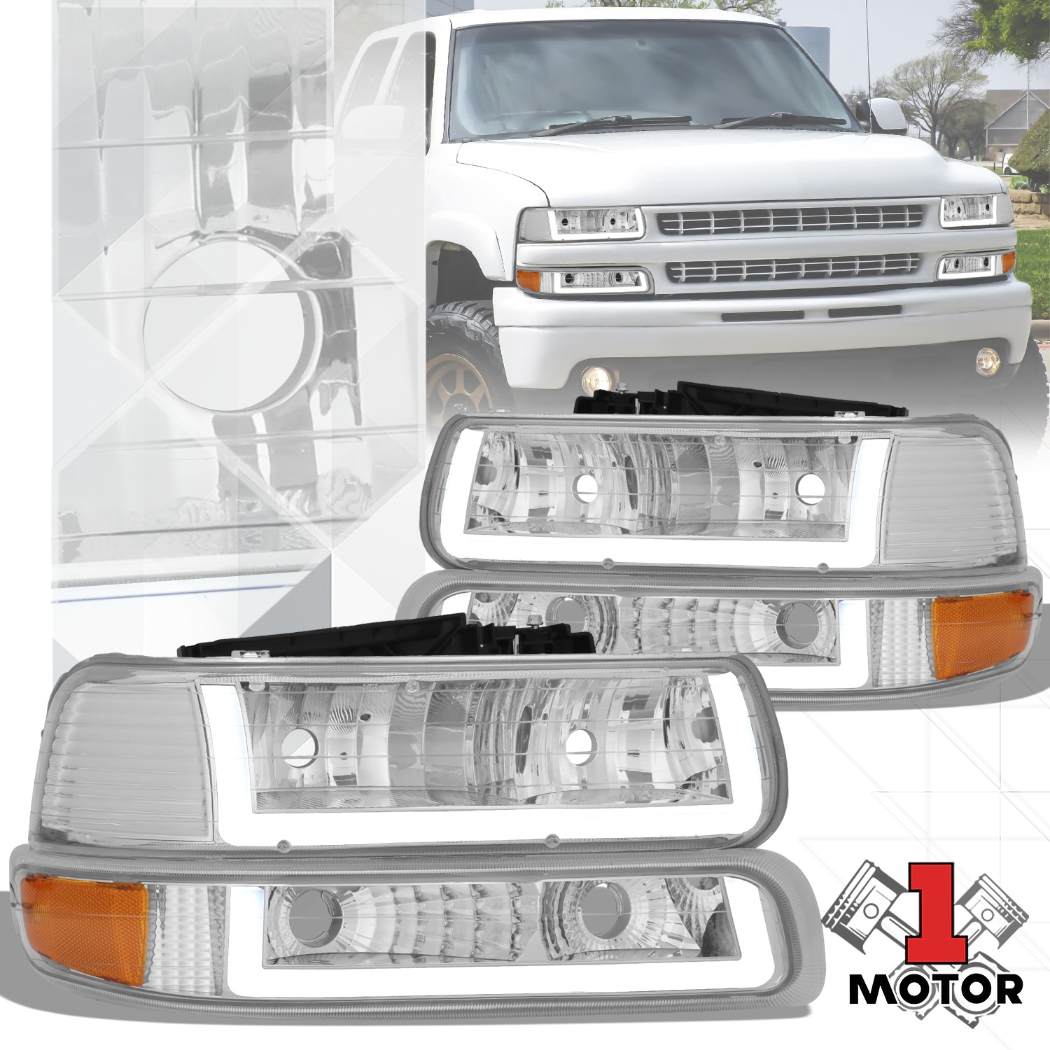DRL LED Light Bar Type-2 Chrome Amber Headlights for 99-02 Silverado Suburban DRL LED Light Bar Type-2 Chrome Amber Headlights for 99-02 Silverado Suburban