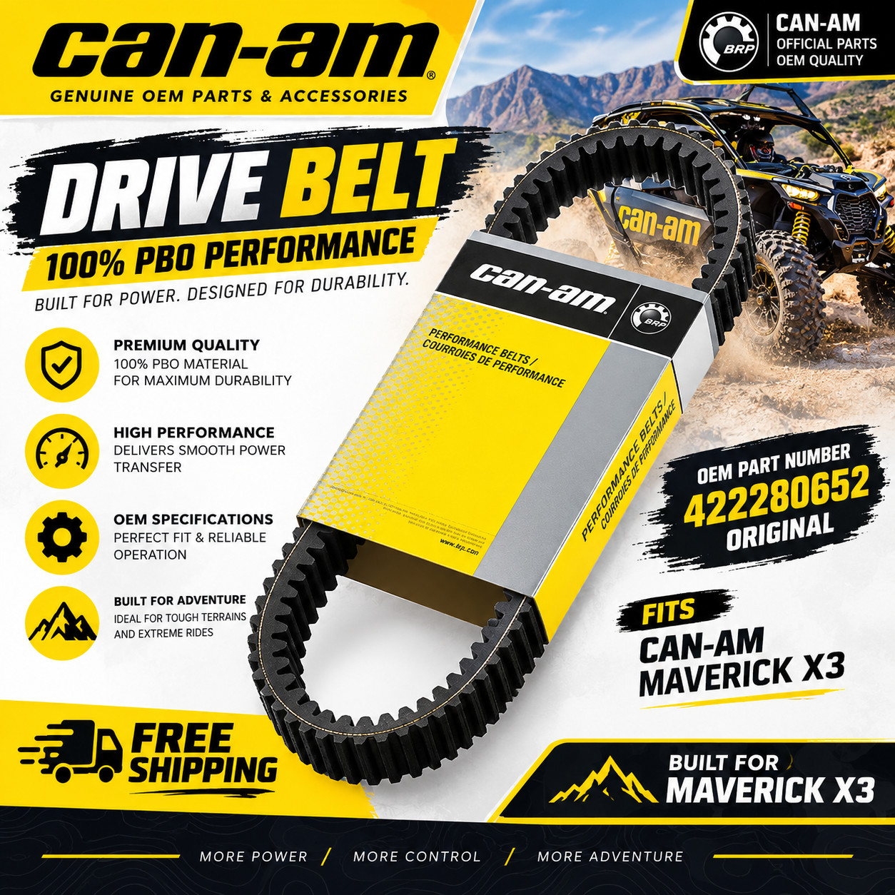 Can-Am New OEM 100% PBO Performance Drive Belt Maverick X3, 422280652 Original