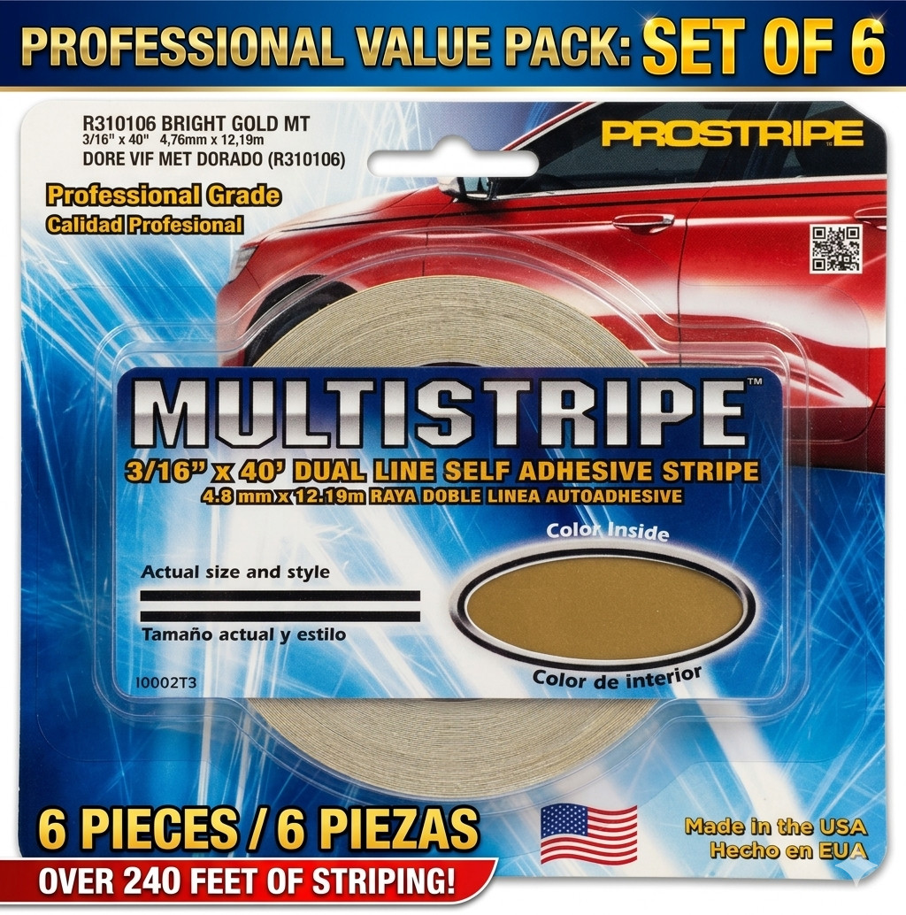 Prostripe Dual Line Self Adhesive Stripe Bright Gold 3/16 in x 40 ft Set of 6