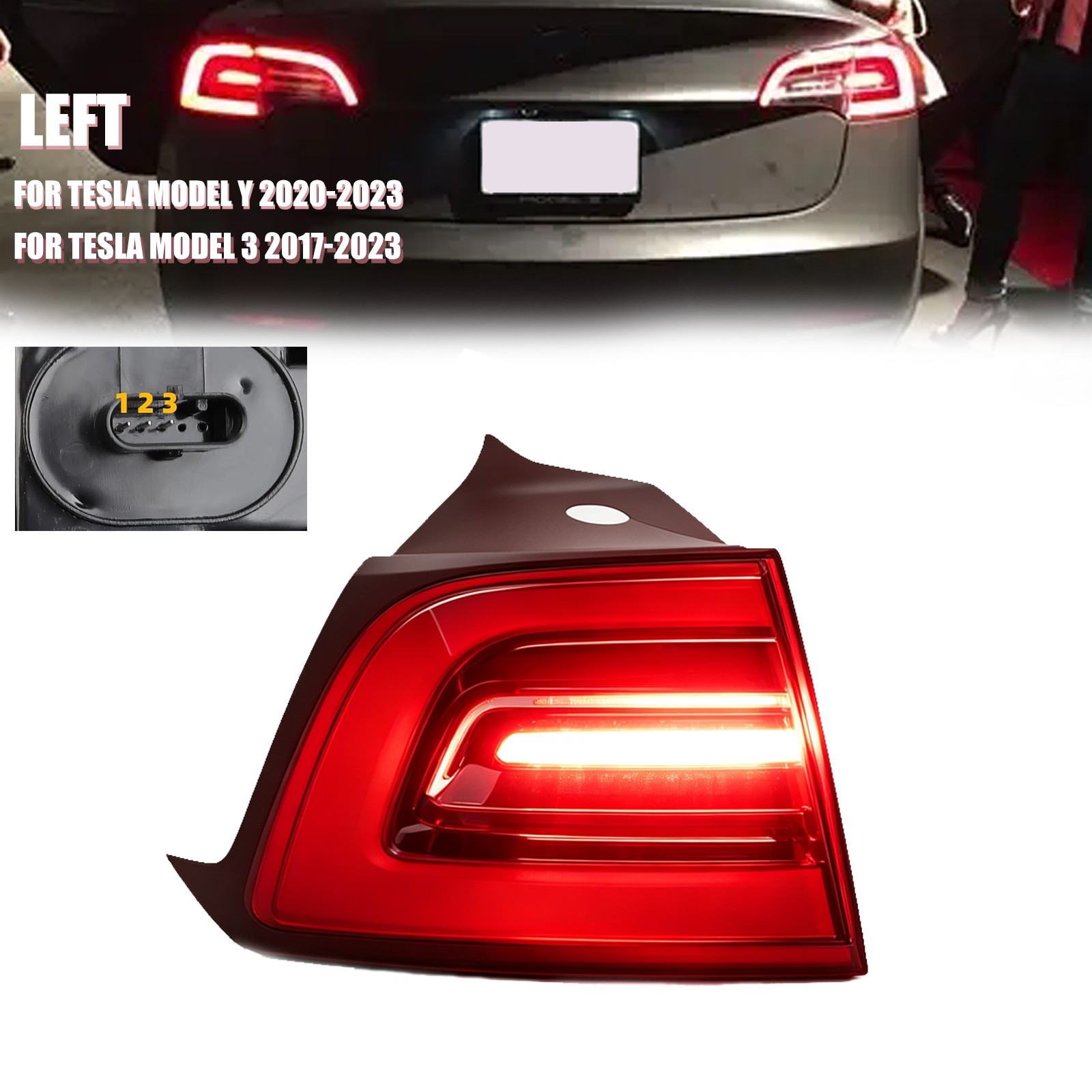 3pin For 2017-2020 Tesla Model 3 LED Outer Rear Tail light Lamp Left Driver Side