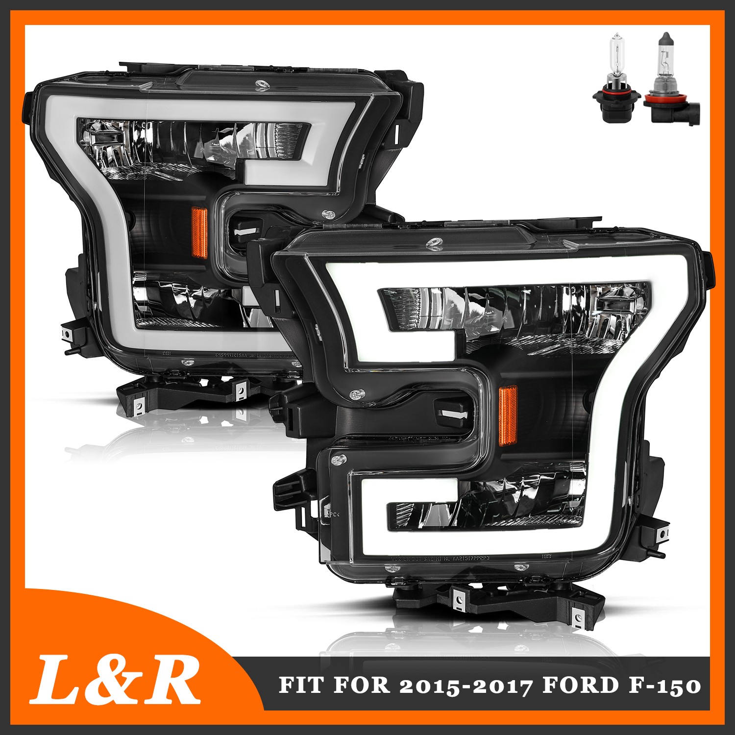 FOR 15-17 FORD F150 3D LED DRL TUBE RUNNING STRIP HEADLIGHT/LAMPS BLACK/AMBER