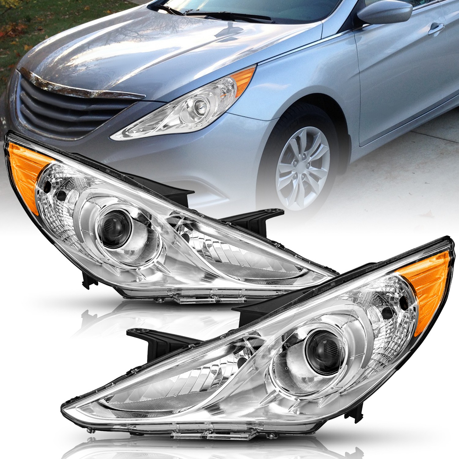 For 2011-2014 Hyundai Sonata Chrome Housing Amber Corner Halogen Headlights Pair