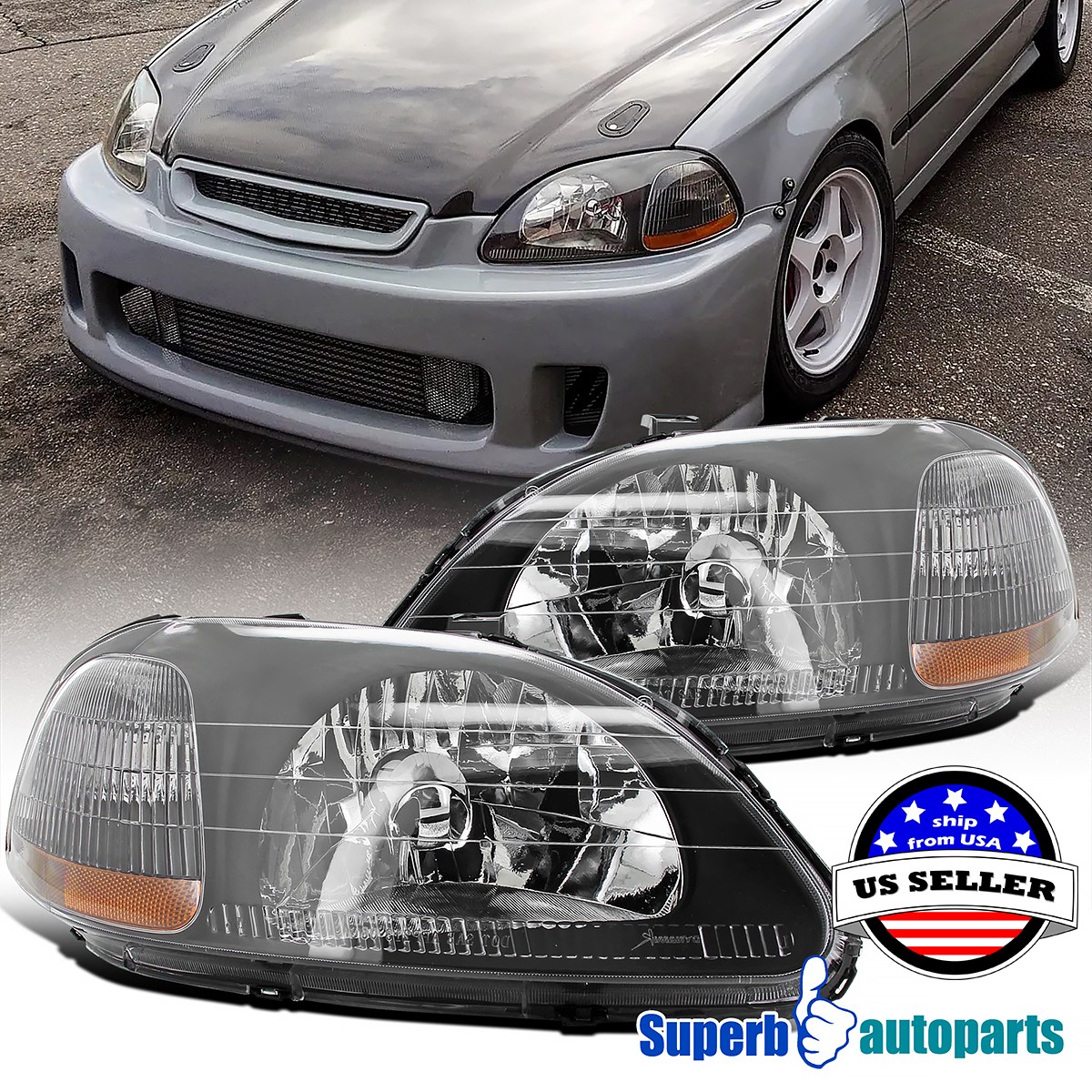 Fits 1996-1998 Honda Civic Headlight Head Lights Lamps Replacement Black Pair Fits 1996-1998 Honda Civic Headlight Head Lights Lamps Replacement Black Pair