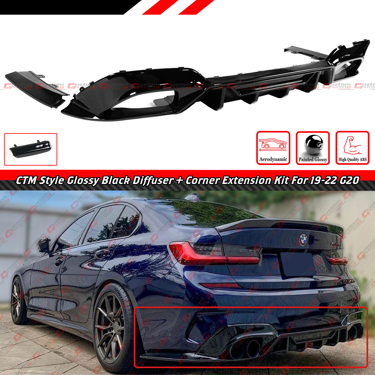 FOR 19-22 BMW G20 330i M340i CTM STYLE GLOSS BLACK REAR DIFFUSER W/ CORNER SPATS FOR 19-22 BMW G20 330i M340i CTM STYLE GLOSS BLACK REAR DIFFUSER W/ CORNER SPATS