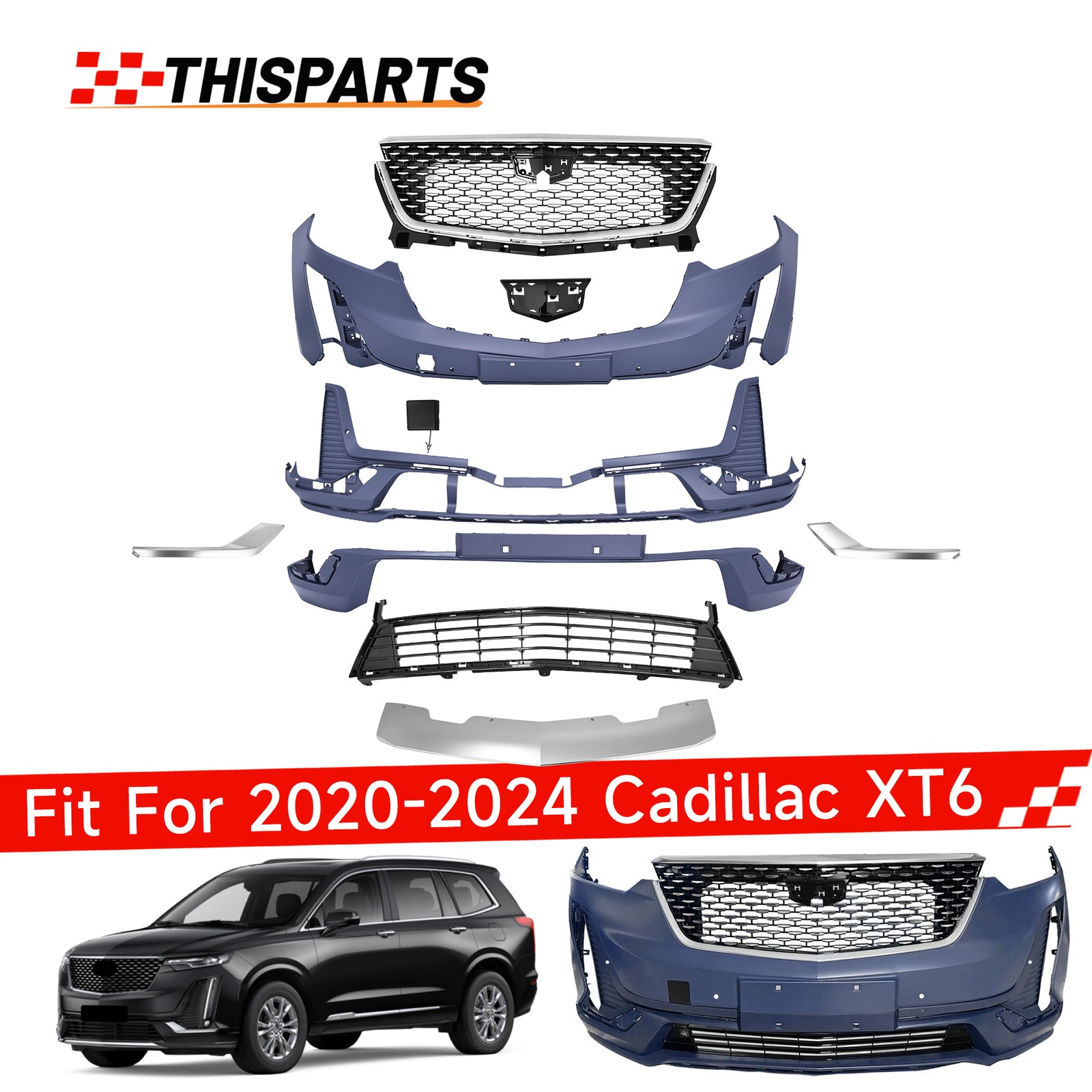 For 2020-2025 Cadillac XT6 Primed Front Bumper Cover Grille Chrome Trim W/Hole