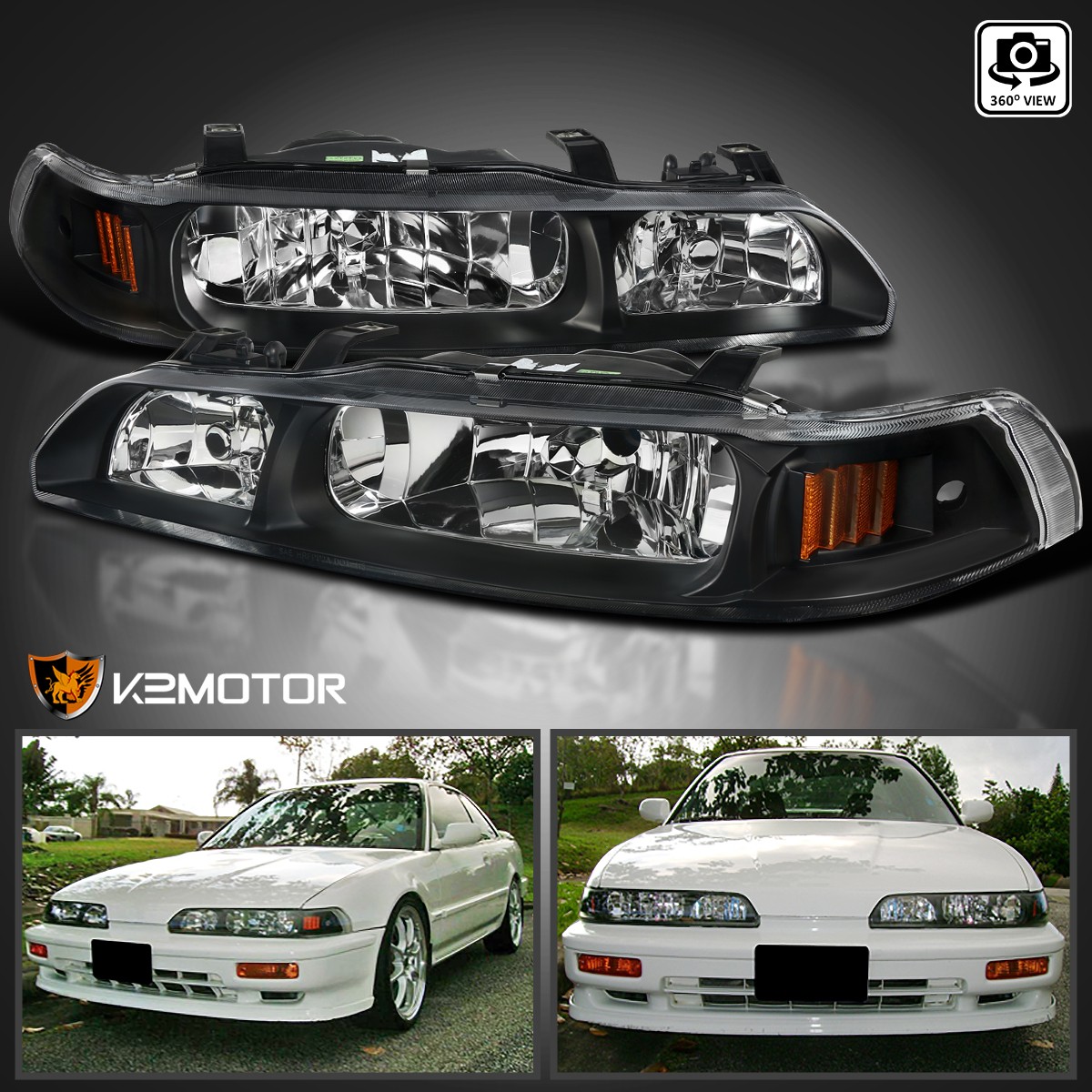 Fits 1990-1993 Acura Integra Black 1PC Style Headlights Corner Lamps Left+Right Fits 1990-1993 Acura Integra Black 1PC Style Headlights Corner Lamps Left+Right